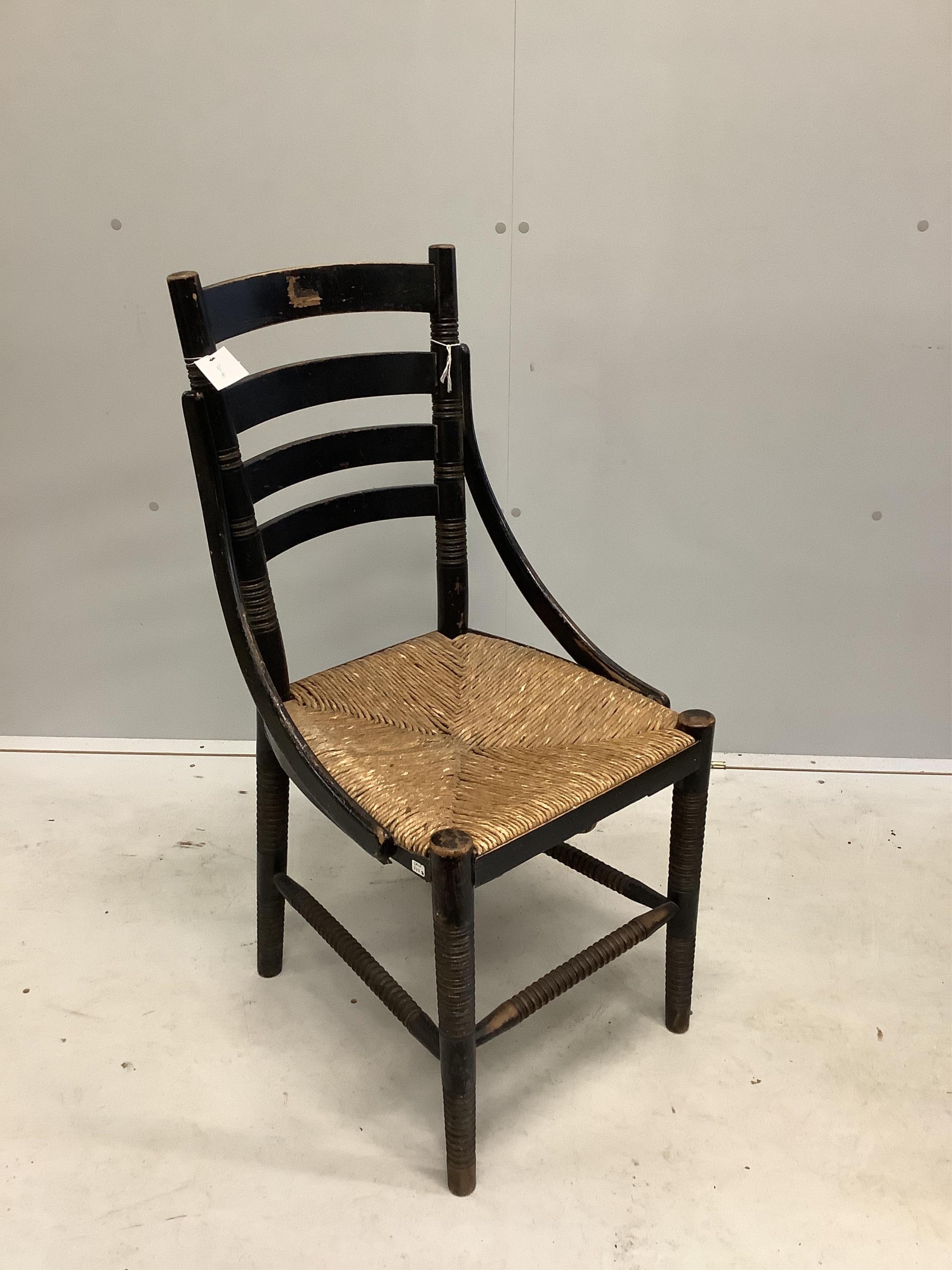 A Victorian Aesthetic Movement ebonised side chair, width 43cm, depth 42cm, height 90cm. Condition - fair                                                                                                                   