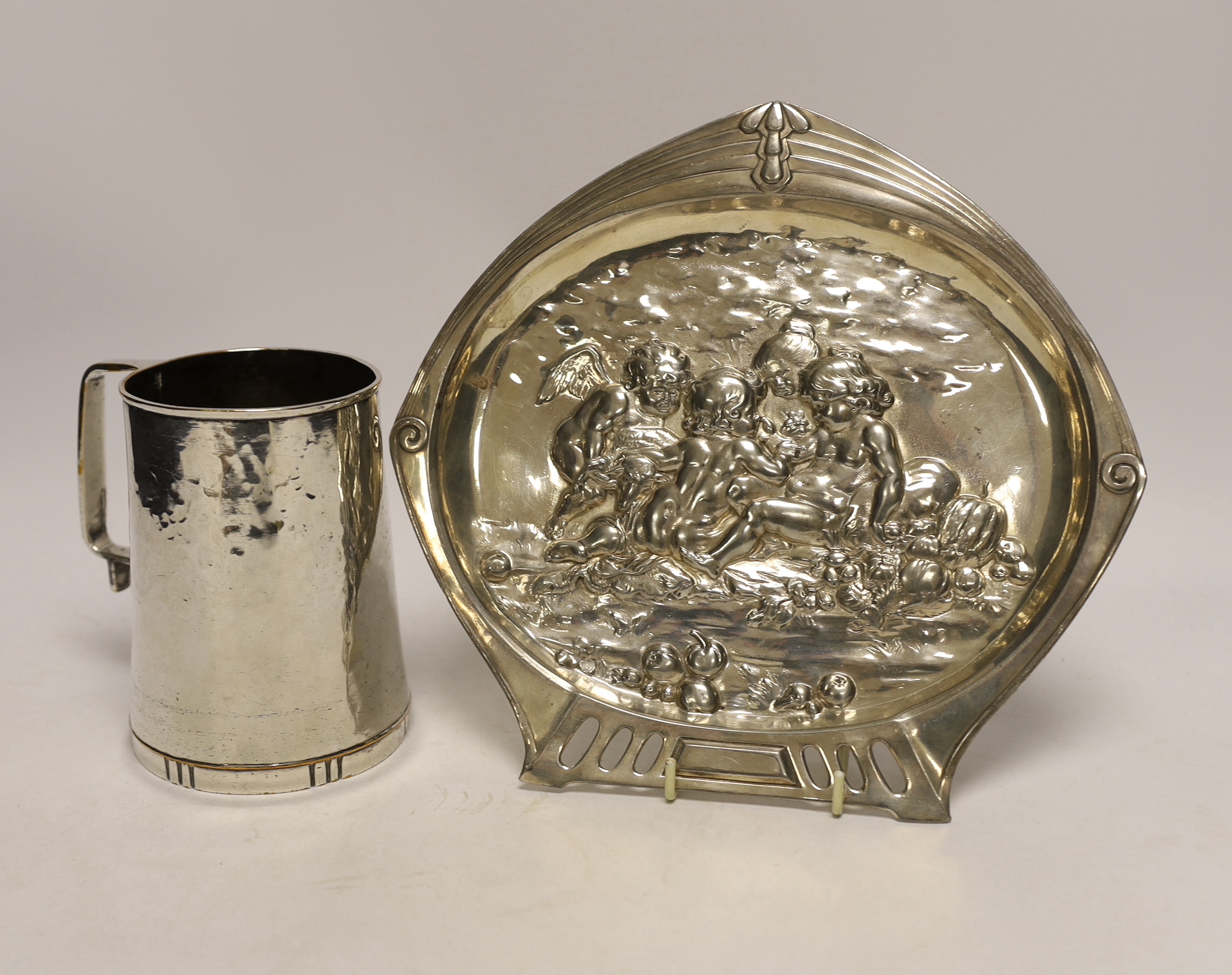 An Art Nouveau plated mug and an embossed dish, numbered 365A, 24cm wide                                                                                                                                                    