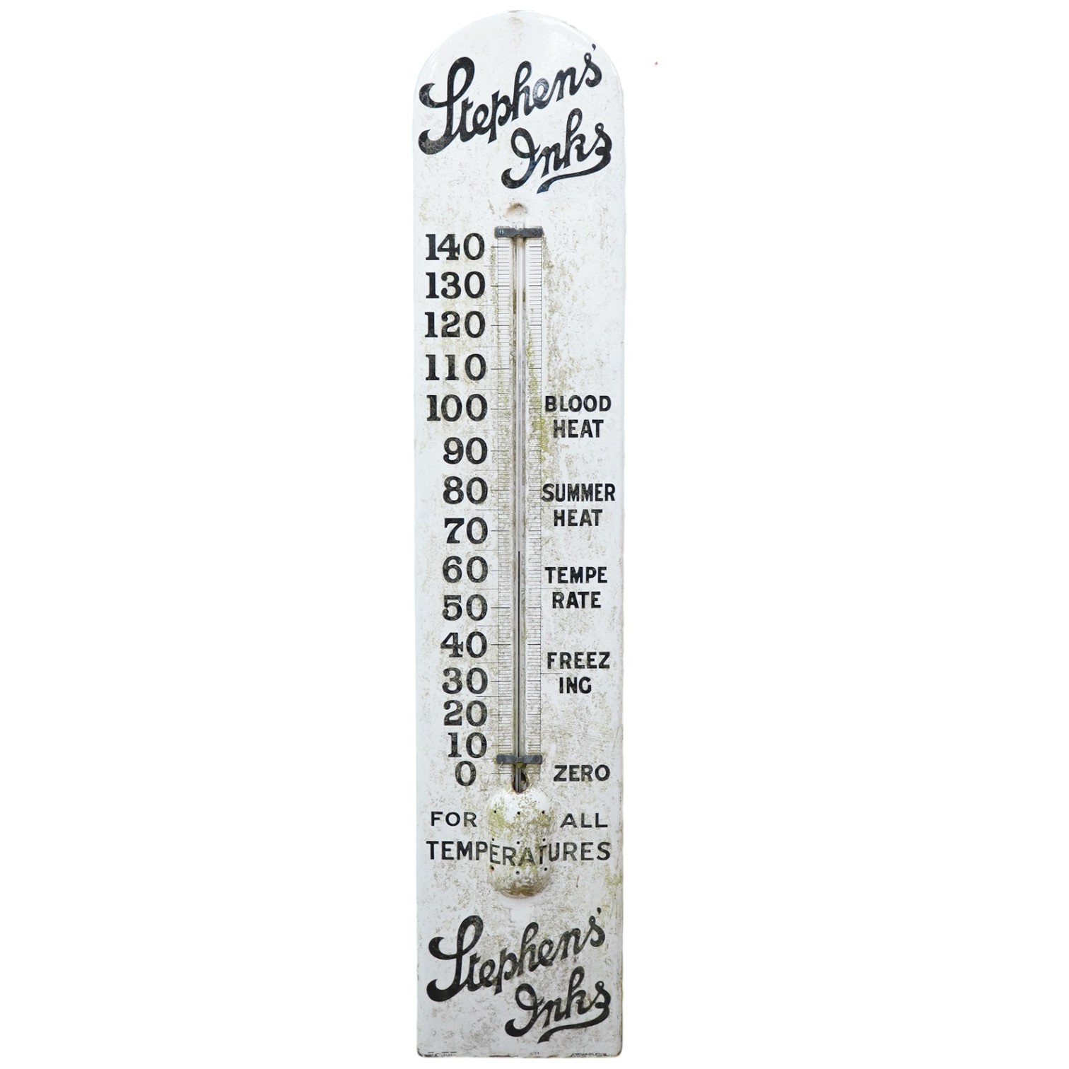 A large Stephen's Inks enamel advertising thermometer temperature measuring sign for the outside of a building. 154cm high x 31cm wide. Condition - fair to good, needs cleaning                                            