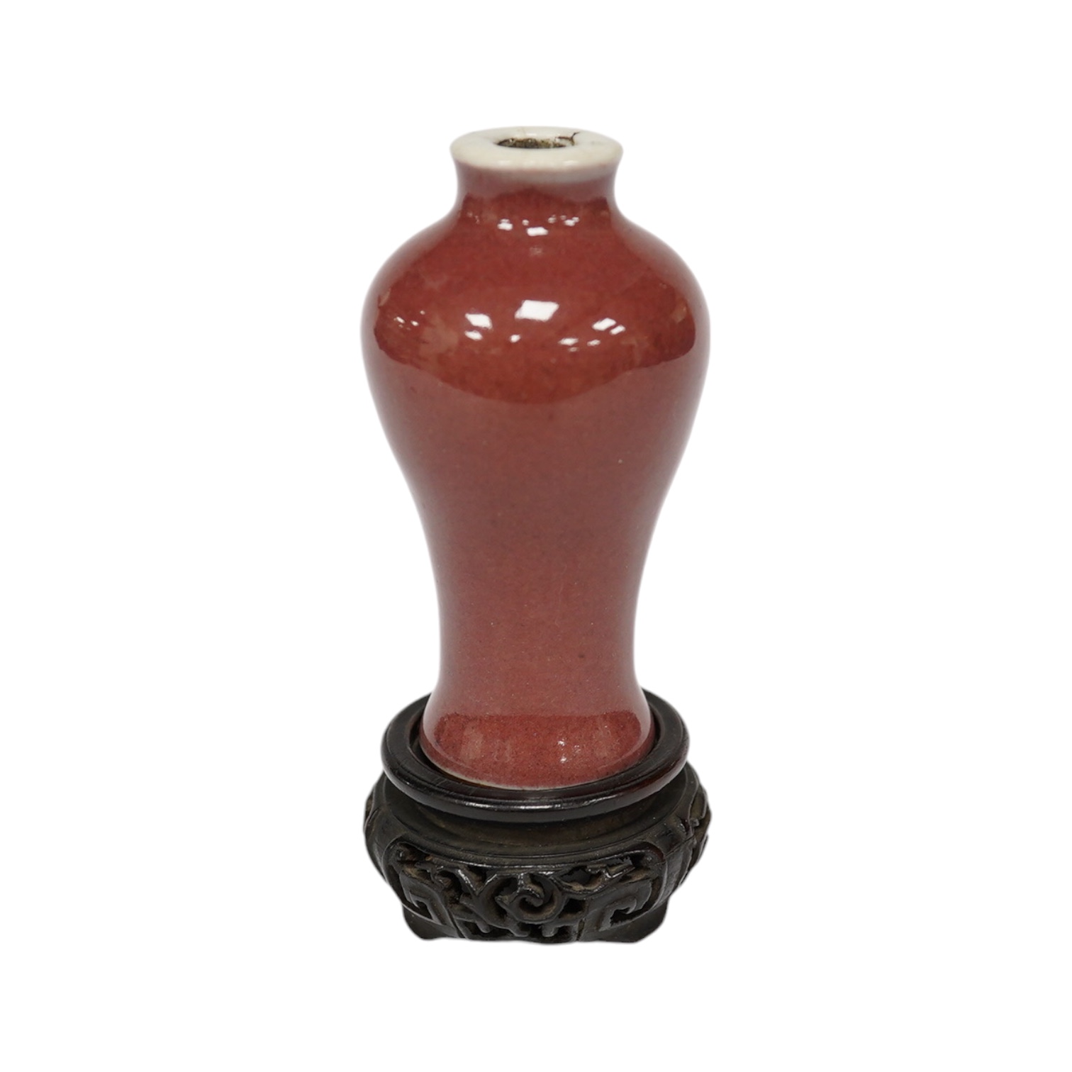 A Chinese Langyao snuff bottle, Kangxi mark, late 19th century, with hardwood stand, overall 10cm high. Condition - good, some crazing                                                                                      