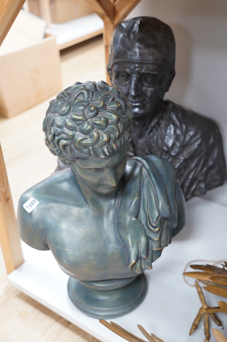 Two plaster busts comprising Grecian male and another, tallest 62cm. Condition - fair                                                                                                                                       