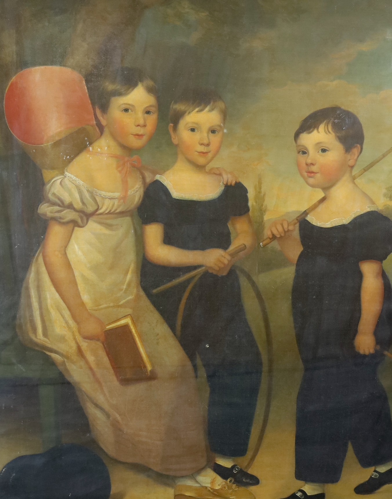 English School circa 1830 , Portrait of the children of the Browne family, Mary Anne Browne (Mrs Wavell) 1815-1882, George Buxton Browne 1816-1989 and Henry Brown 1818-1901, oil on canvas, 124 x 99 cm                    