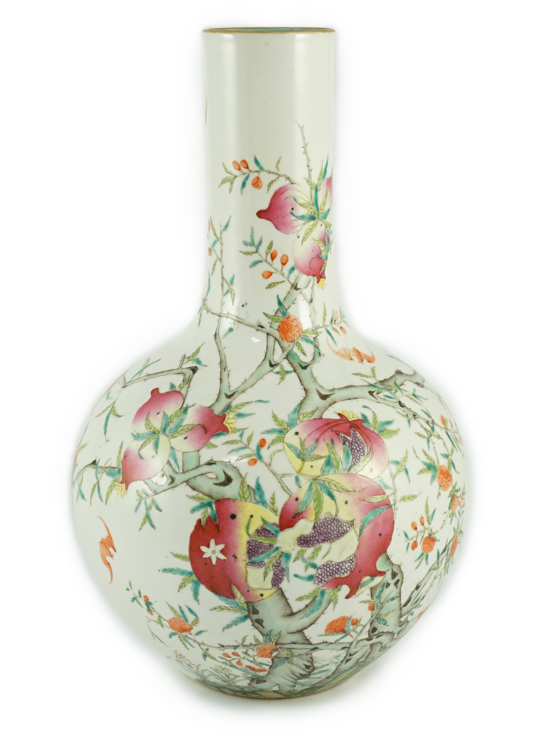 A Chinese famille rose ‘pomegranate and bats’ vase, tianqiuping, Qianlong seal mark, late 19th/early 20th century                                                                                                           