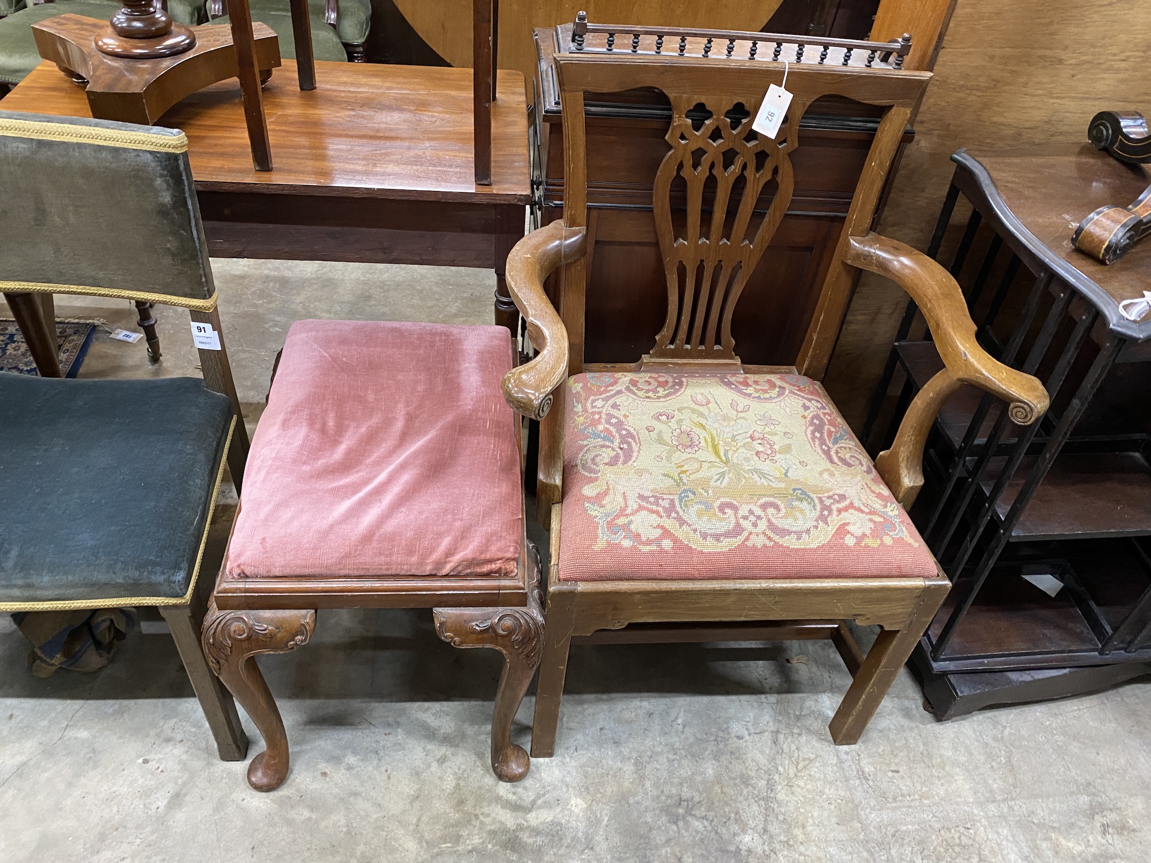 A George III style mahogany elbow chair and a George I style walnut dressing stool                                                                                                                                          