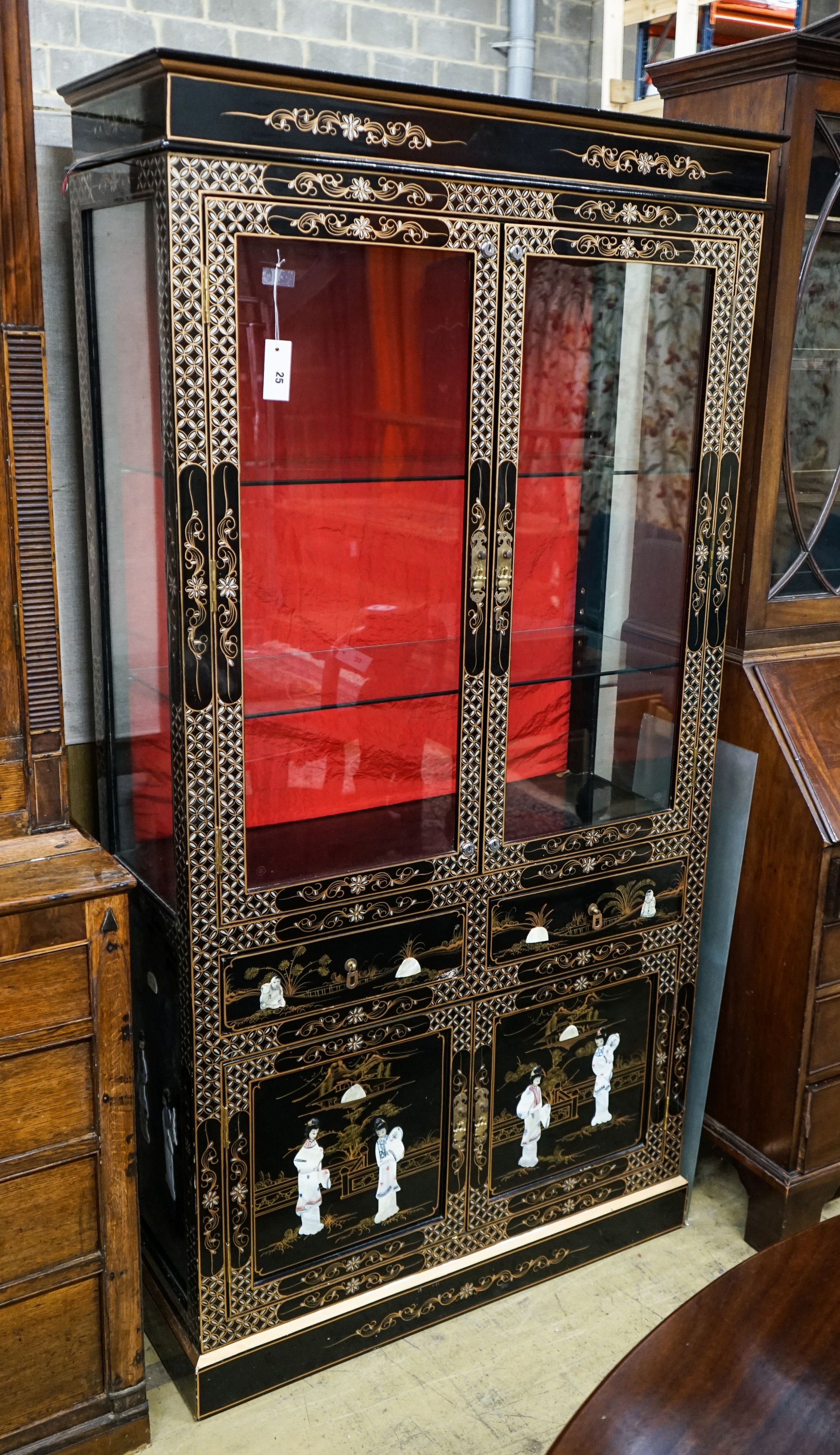 A Chinese style chinoiserie lacquer display cabinet with faux hardstone decoration, width 95cm, depth 38cm, height 183cm                                                                                                    