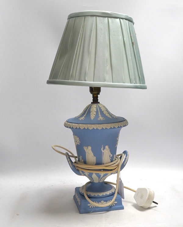 A blue Wedgwood jasperware table lamp, 28cm high. Condition - good                                                                                                                                                          