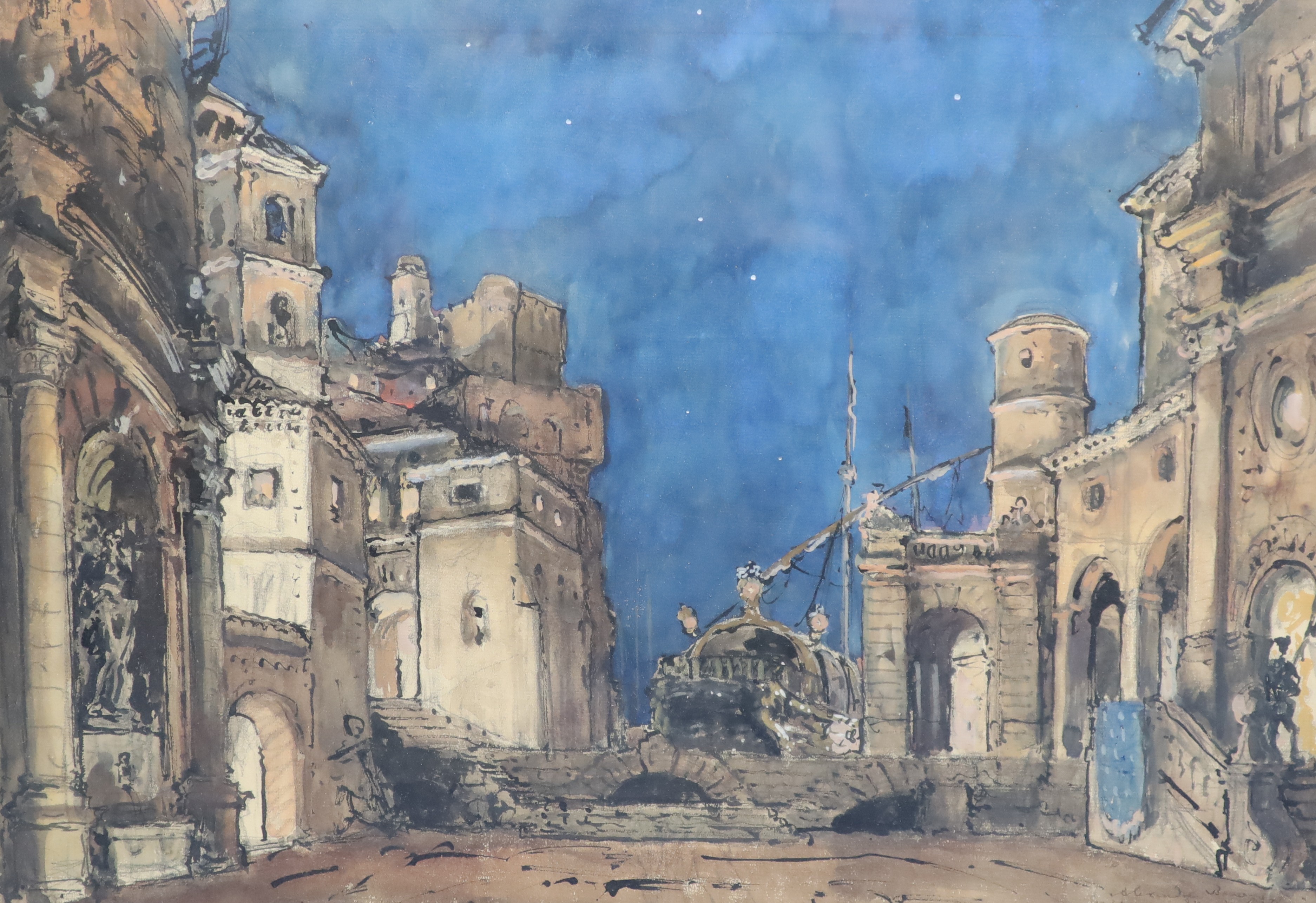 Alexandre Benois (Russian, 1870-1960), Diane de Poitiers, La Fete de unit a Marseille, Acte III, Pencil, Ink and watercolour, 43 x 62cm.                                                                                    