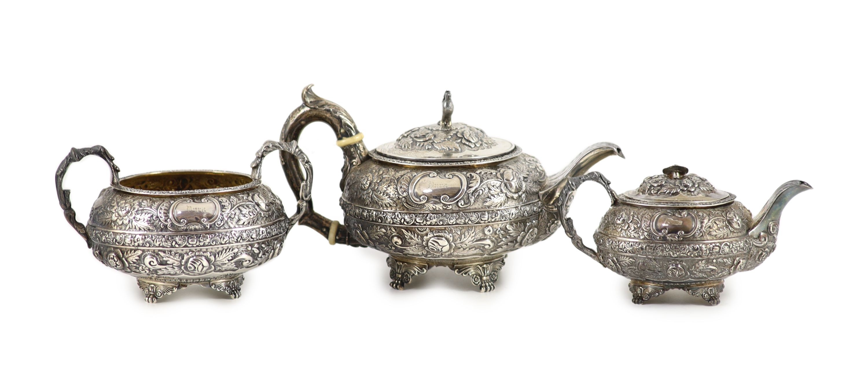 A late George III provincial silver three piece tea set by James Barber & William Whitwell                                                                                                                                  