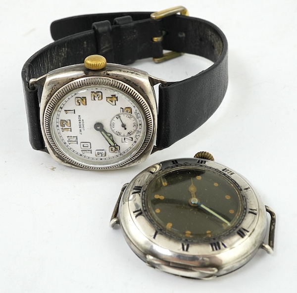 A George V silver military? manual wind wrist watch, case import marked for London, 1915, and a silver J.W. Benson manual wind wrist watch. Condition - poor to fair                                                        