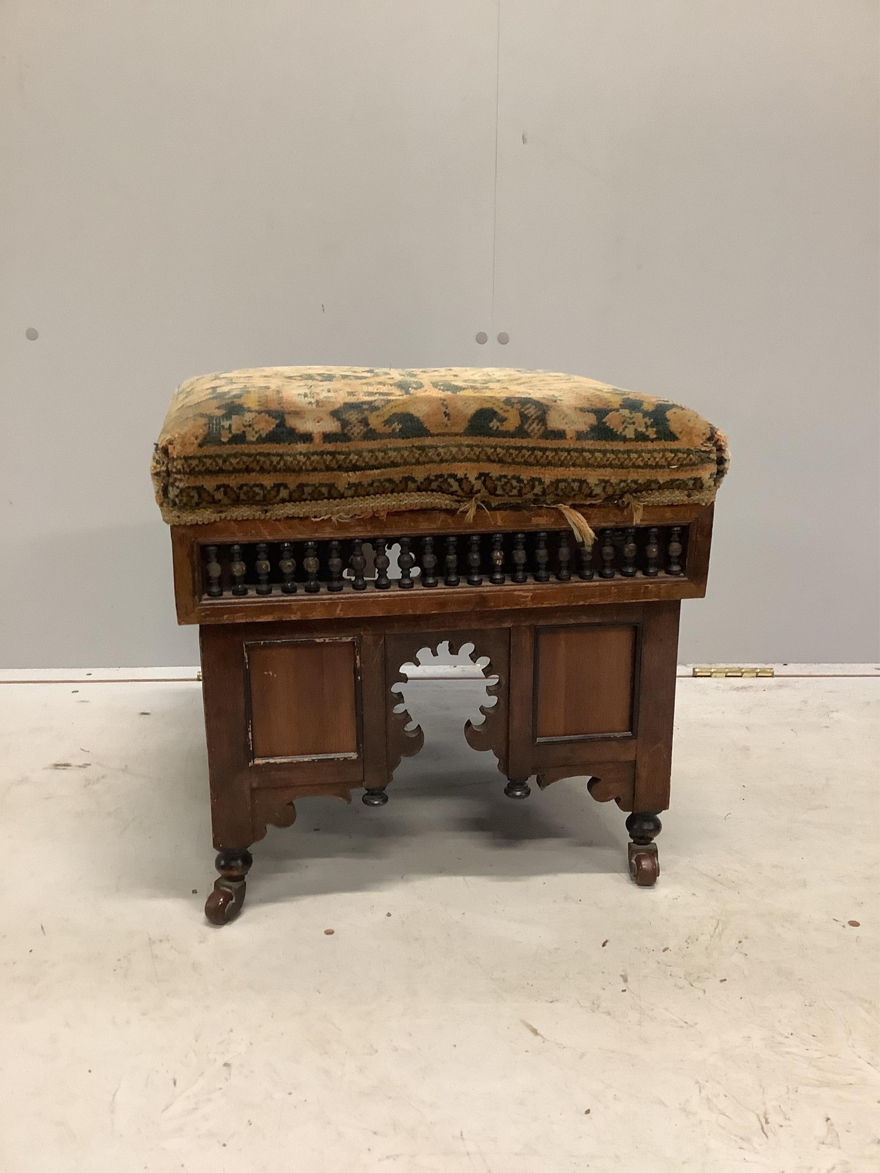 A Moorish style dressing stool in the manner of Liberty & Co, width 44cm, depth 44cm, height 41cm. Condition - fair                                                                                                         