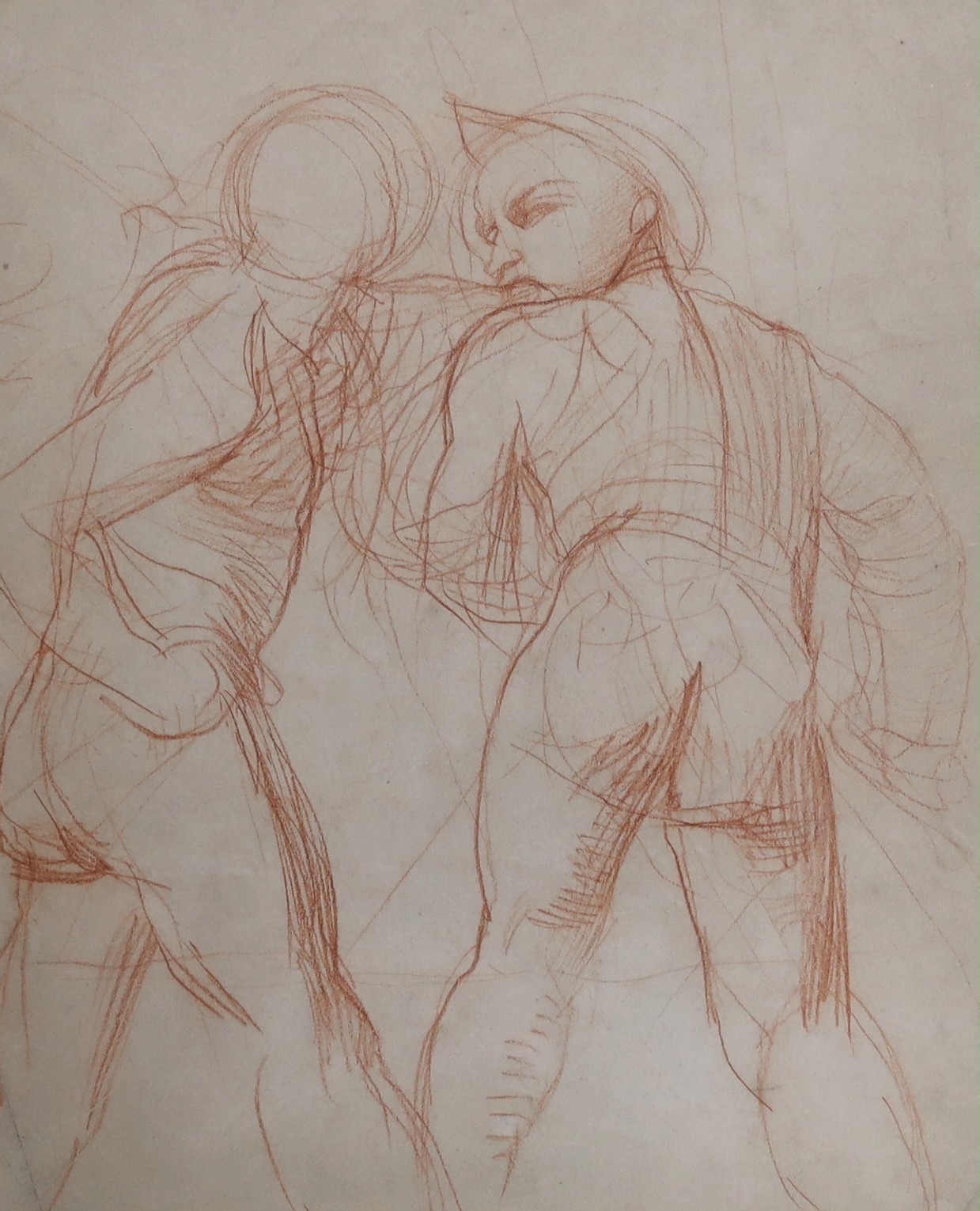 Alfred George Stevens (1817-1875), sanguine chalk, Sketch of two standing figures, 30 x 26cm                                                                                                                                