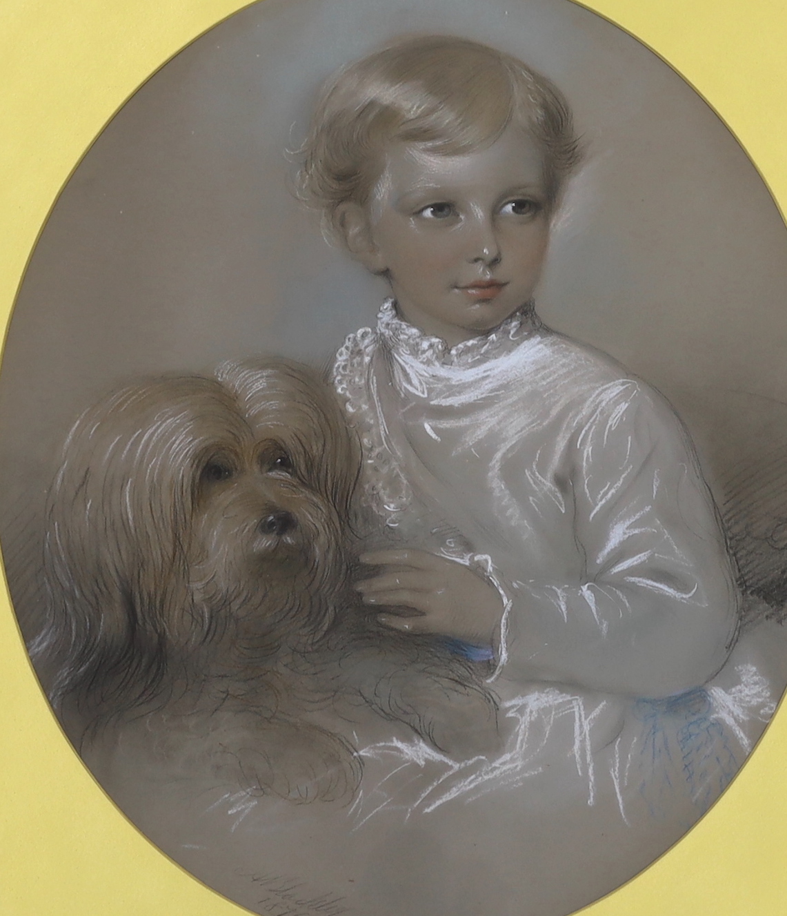 19th century English School, pastel drawing, Family portrait of child and dog, oval, indistinctly signed and dated 1876, 54 x 45cm, Thomas Agnew label verso                                                                