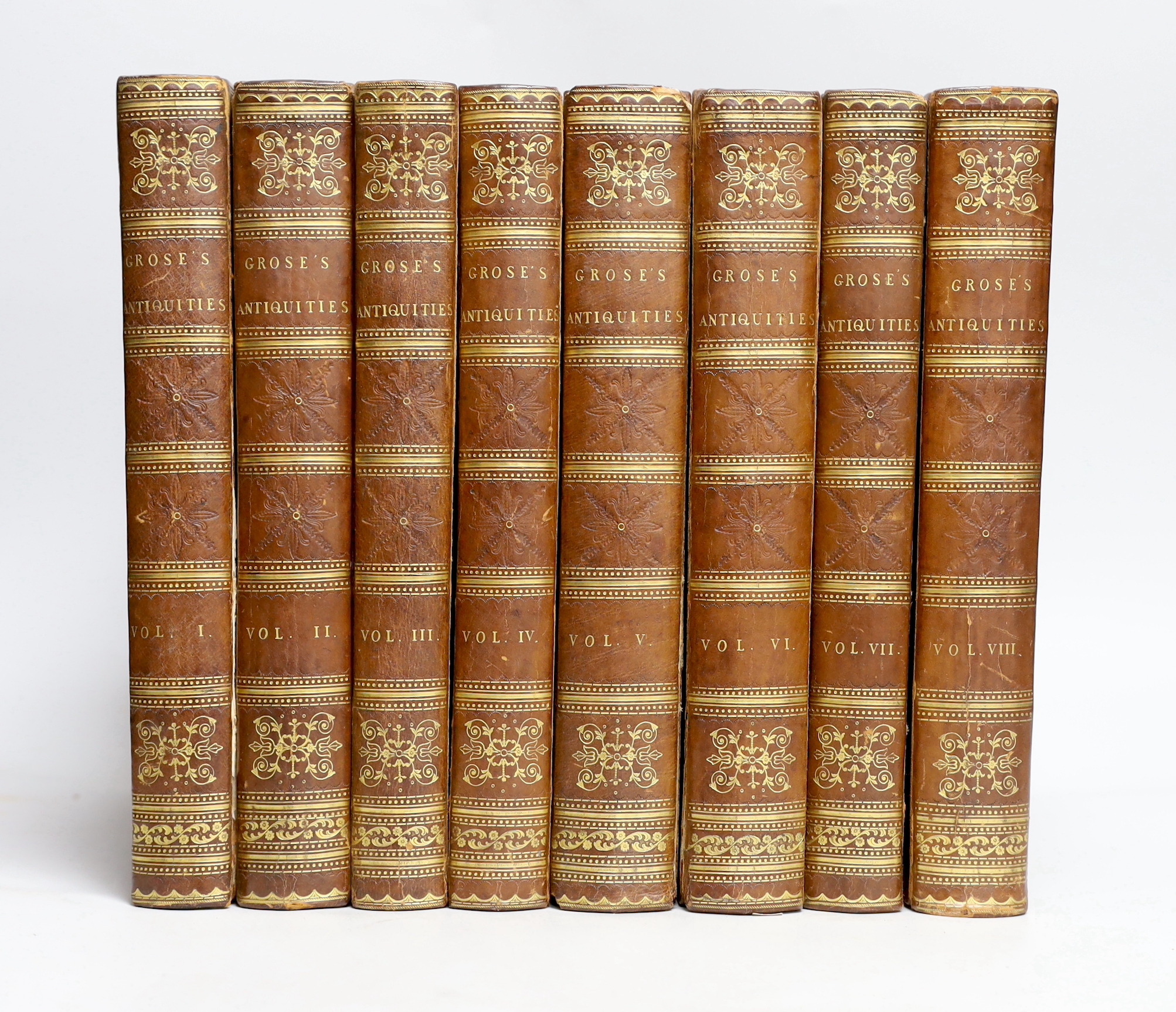 Grose, F - The Antiquities of England and Wales. New edition, 8 vols, 4to, contemporary diced calf, with engraved vignette title to each volume, large folding map of England and Wales, portrait of Grose, 636 (of 639) eng