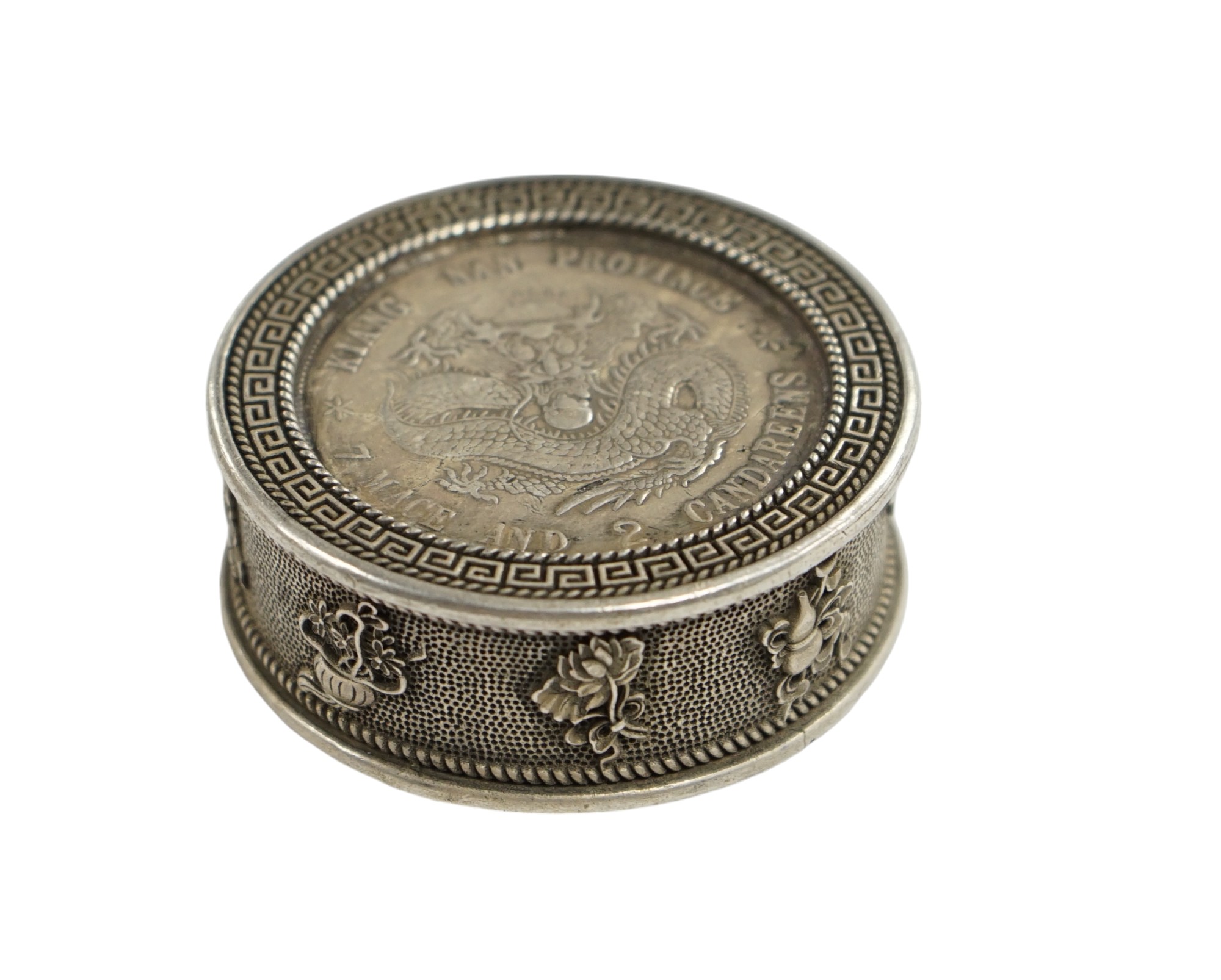 A Chinese white metal coin box and stamps, coin box 5cm diameter. Condition - coin box interior marked, stamps appear fair                                                                                                  