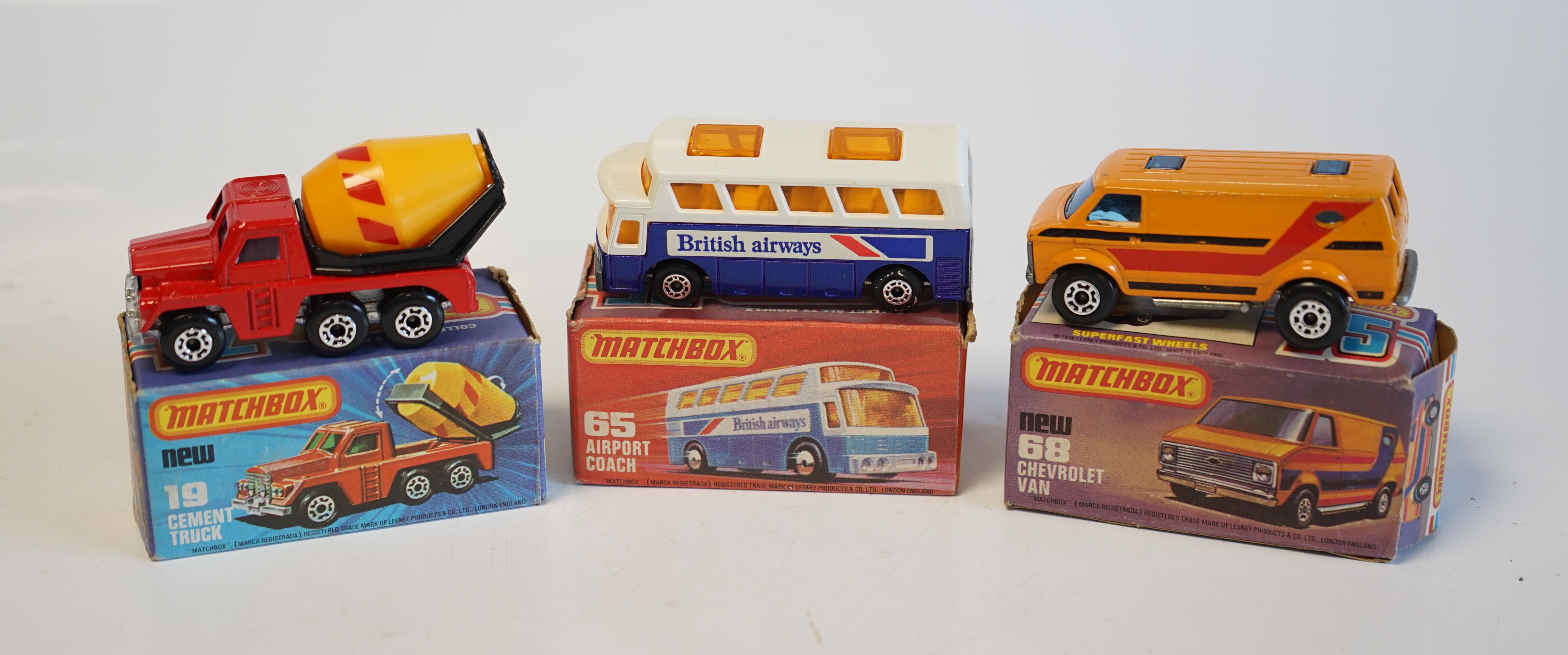 Sixteen boxed Matchbox Series 1-75 diecast vehicles including; 14; Petrol Tanker and another, 19; Cement Truck, 28; Formula Racing Car and another, 35; Zoo Truck, 36; Refuse Truck, 46; Mercedes 300 SE coupe, 63; Freeway 