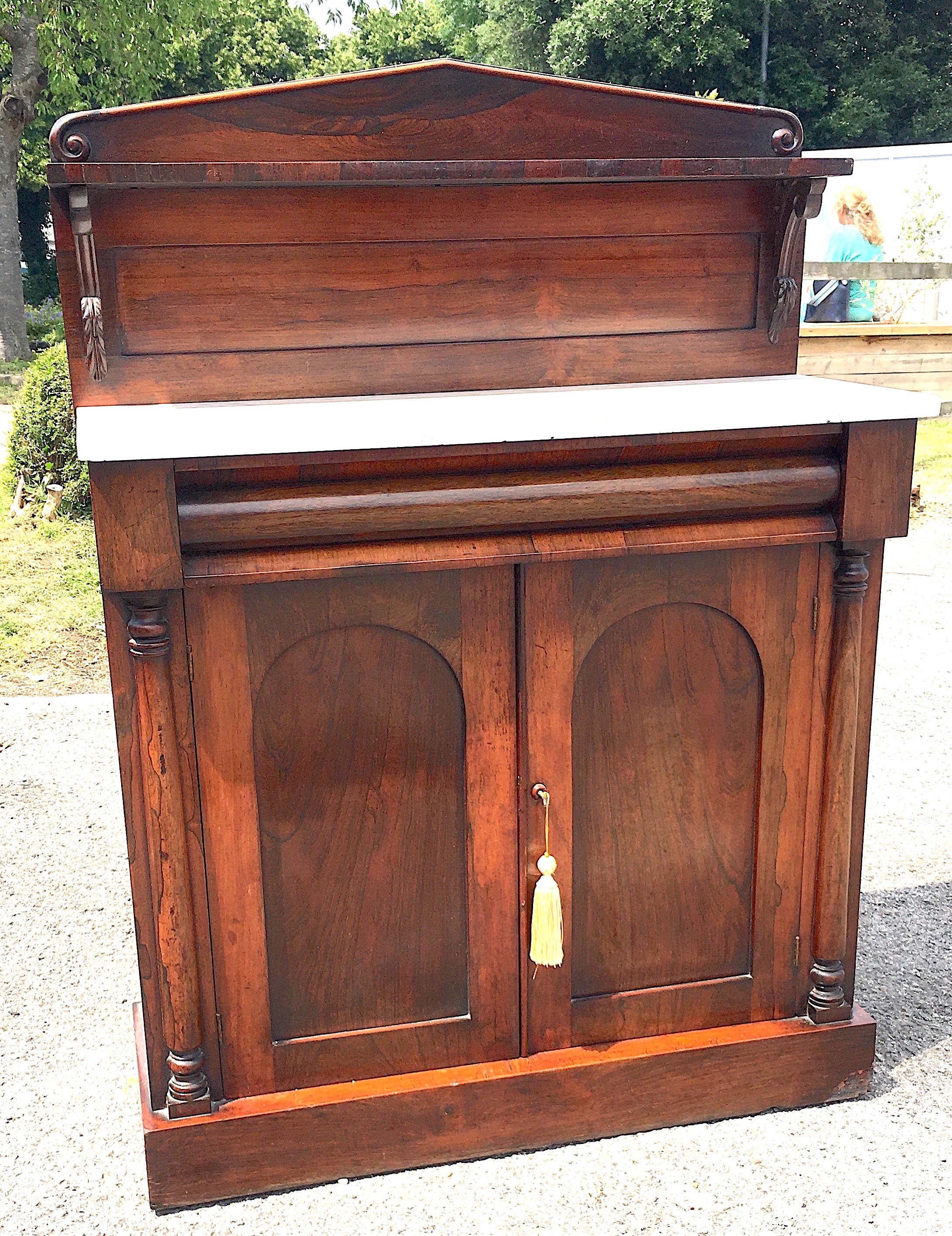 An early Victorian marble topped rosewood chiffonier, width 89cm depth 37cm height 122cm                                                                                                                                    