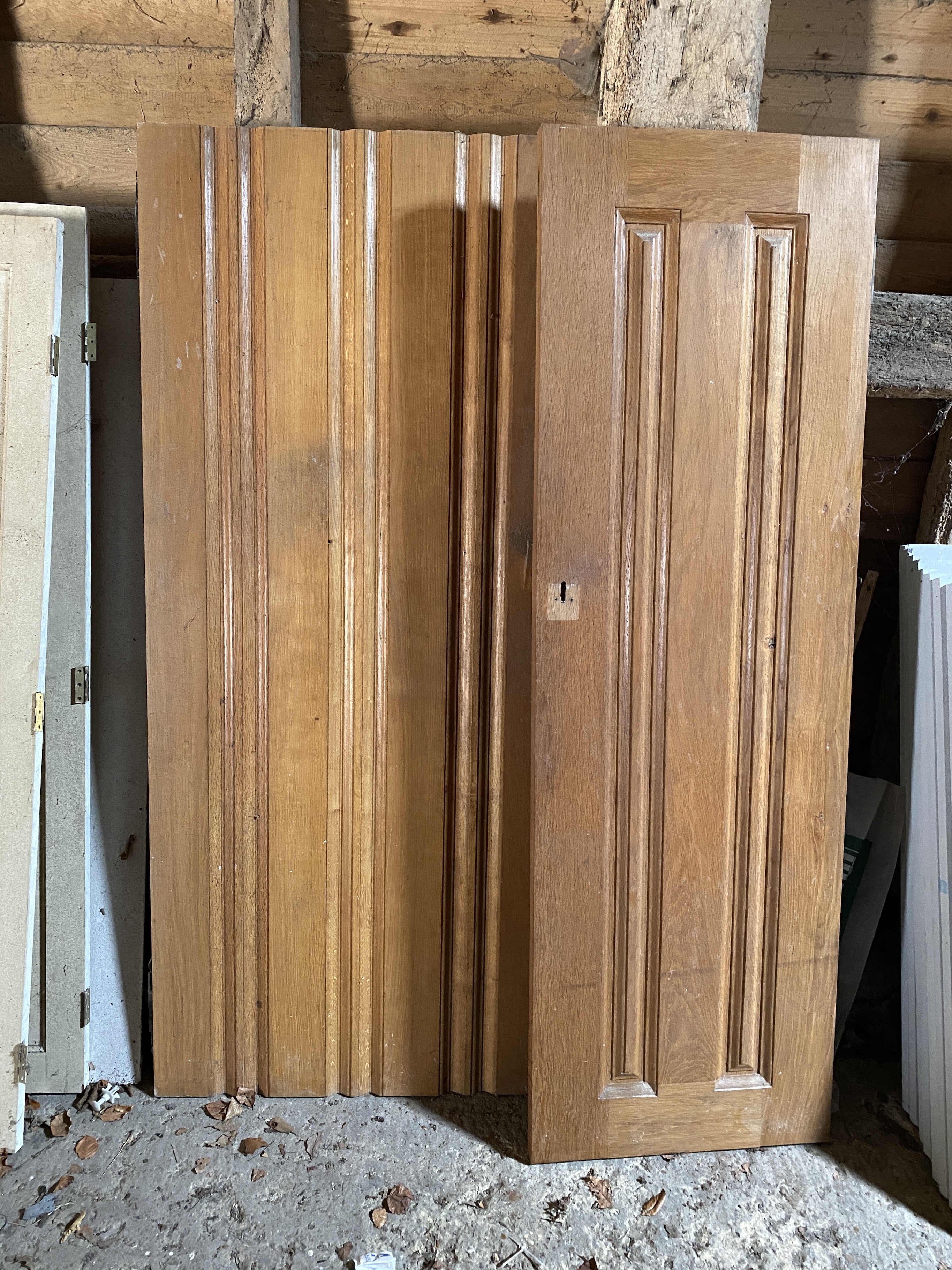 Four panelled solid oak doors, 210 x 86.5cm; 200 x 62.5cm; 171 x 63.5cm and 72 x 63.5cm                                                                                                                                     