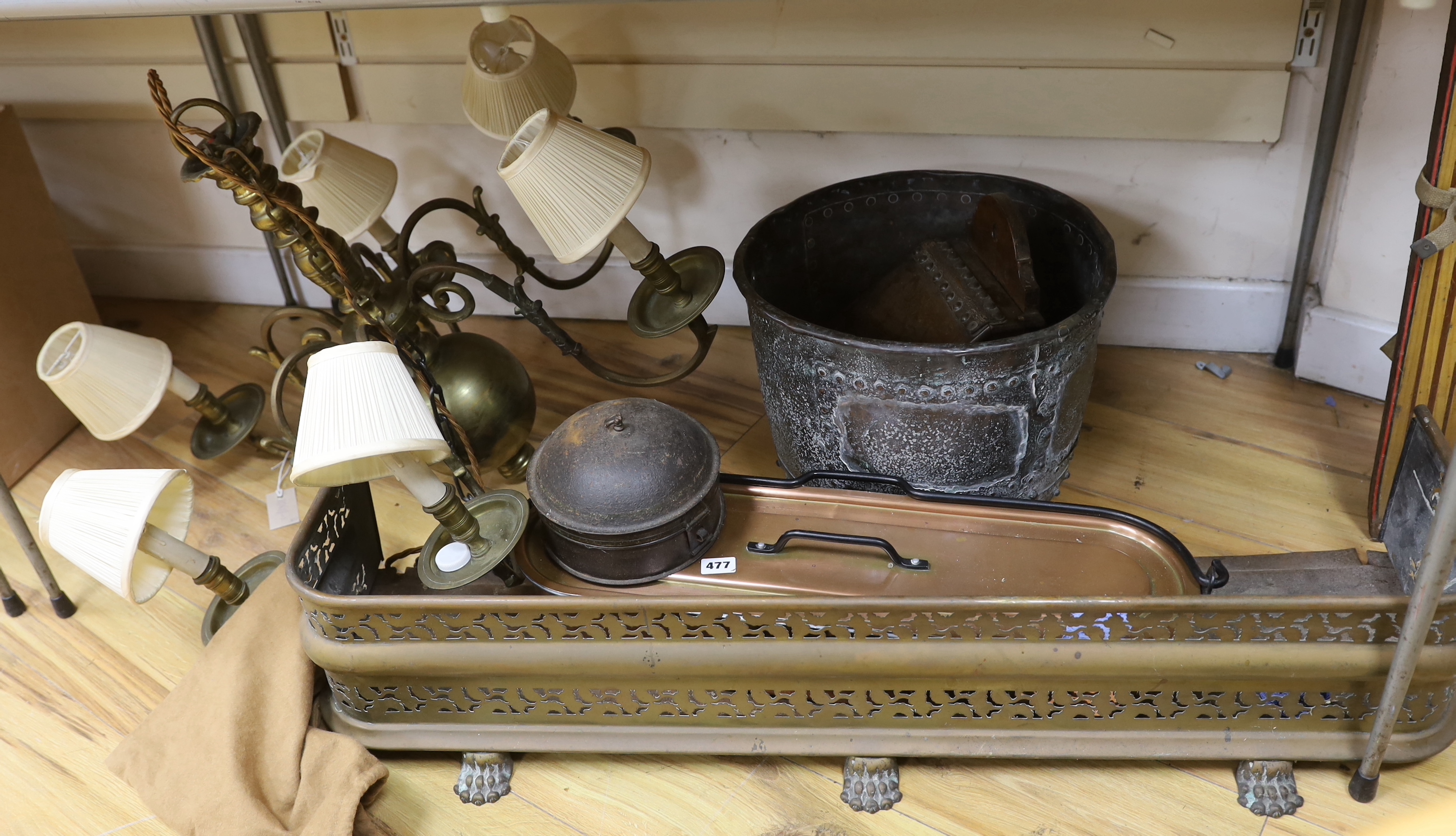 Metal and wooden-ware including a chandelier, Georgian spice box, candle box and fire kerb, the largest 101cm wide                                                                                                          