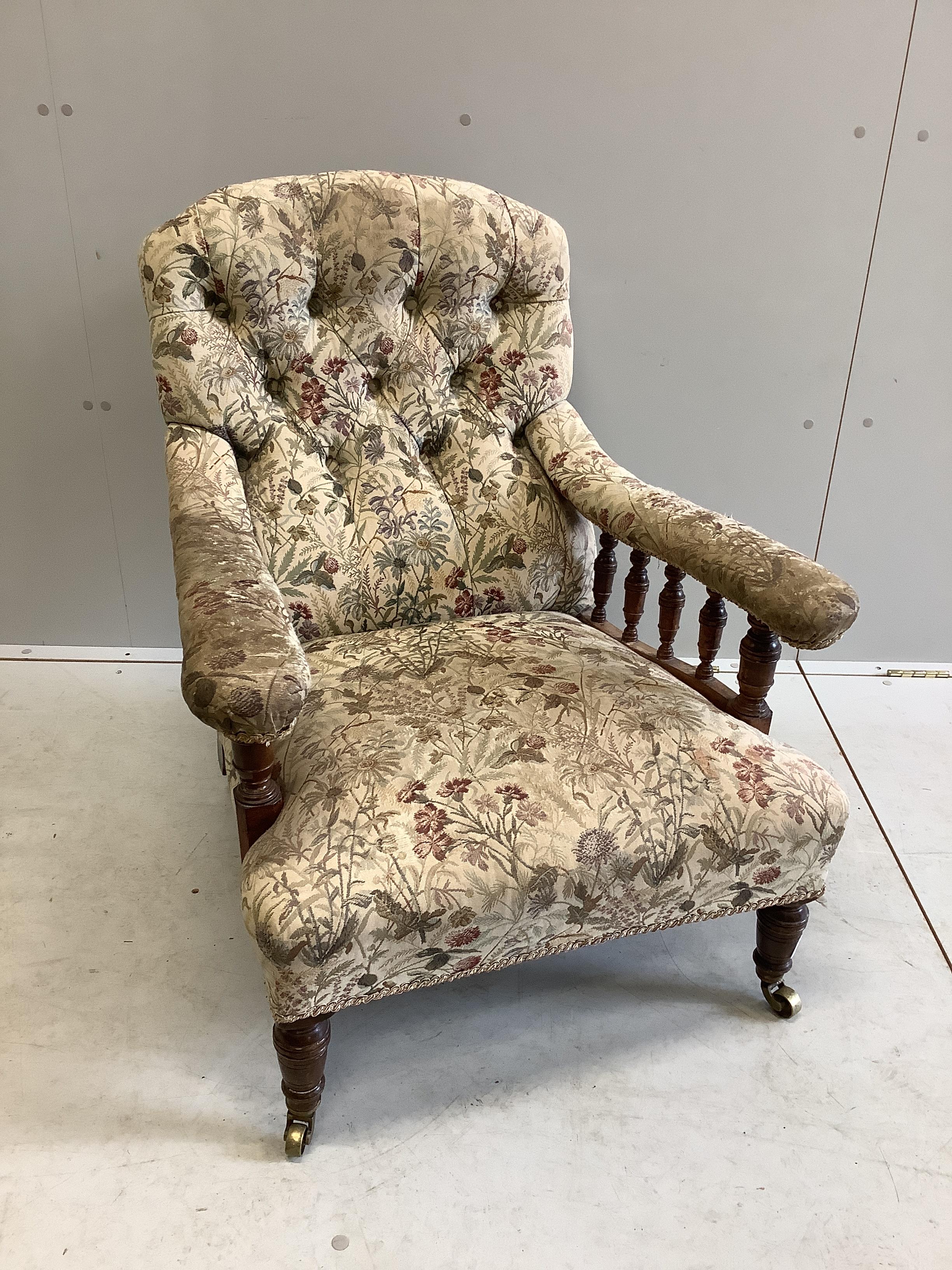 A late Victorian mahogany upholstered open armchair, width 68cm, depth 86cm, height 80cm                                                                                                                                    