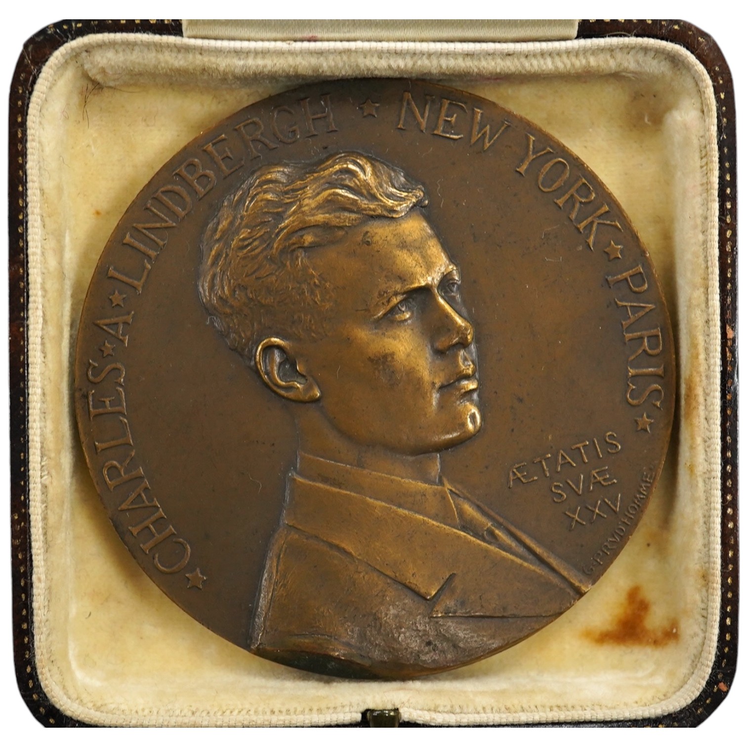 USA, Charles Lindbergh, 1927, a bronze medal by G. Prud'homme, bust right, rev. map showing the route of the trans-Atlantic flight, 68mm.                                                                                   