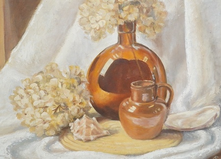 A. Leybourne Popham, oil on board, Still life, ‘Little Brown Jug’, signed with monogram, label verso, 29 x 39cm. Condition - good                                                                                           