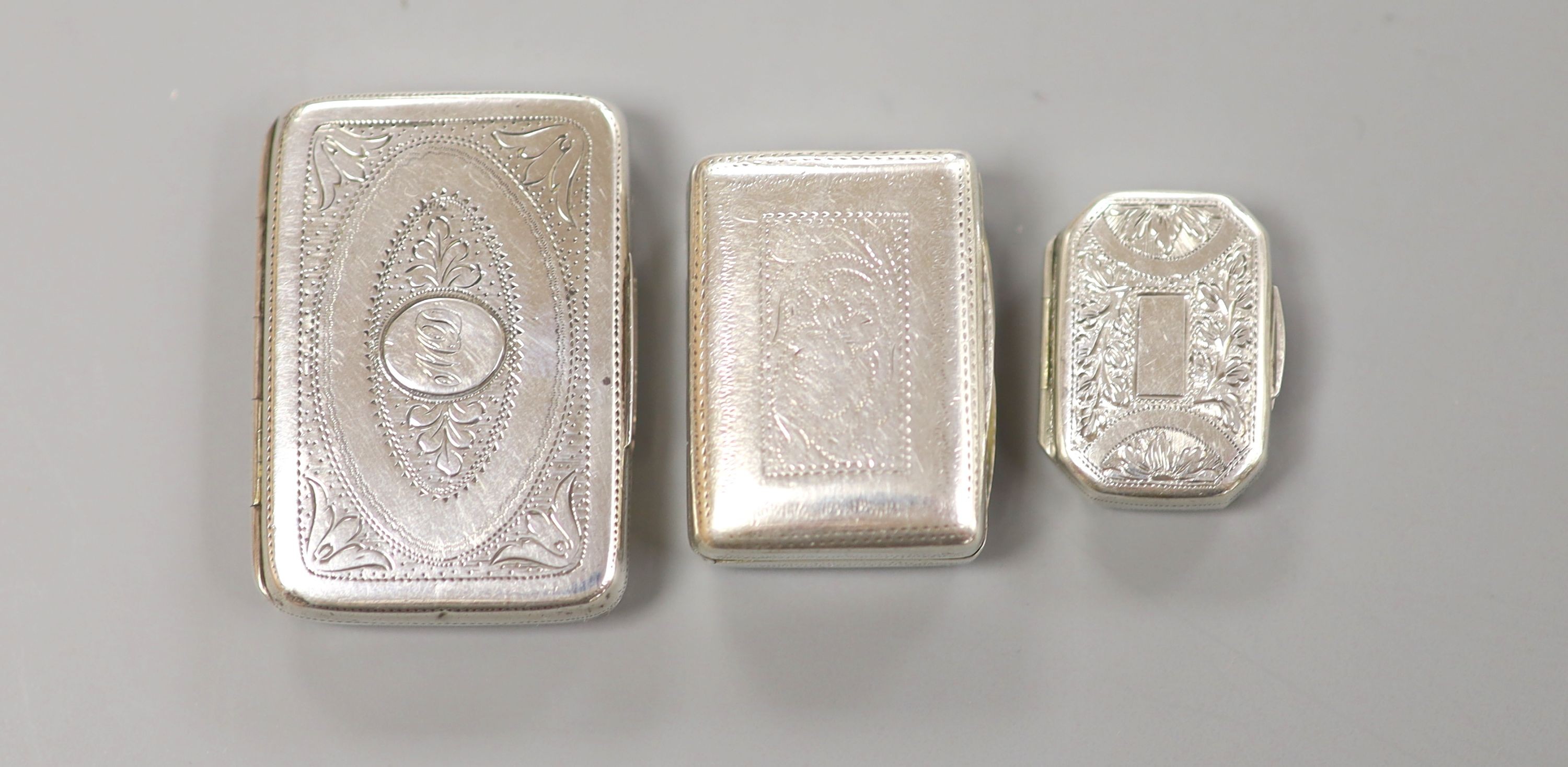 Three George III silver vinaigrettes, largest Joseph Wilmore, Birmingham, 1812, 42mm, T.S., Birmingham, 1838 and L & Co, Birmingham, 1823.                                                                                  