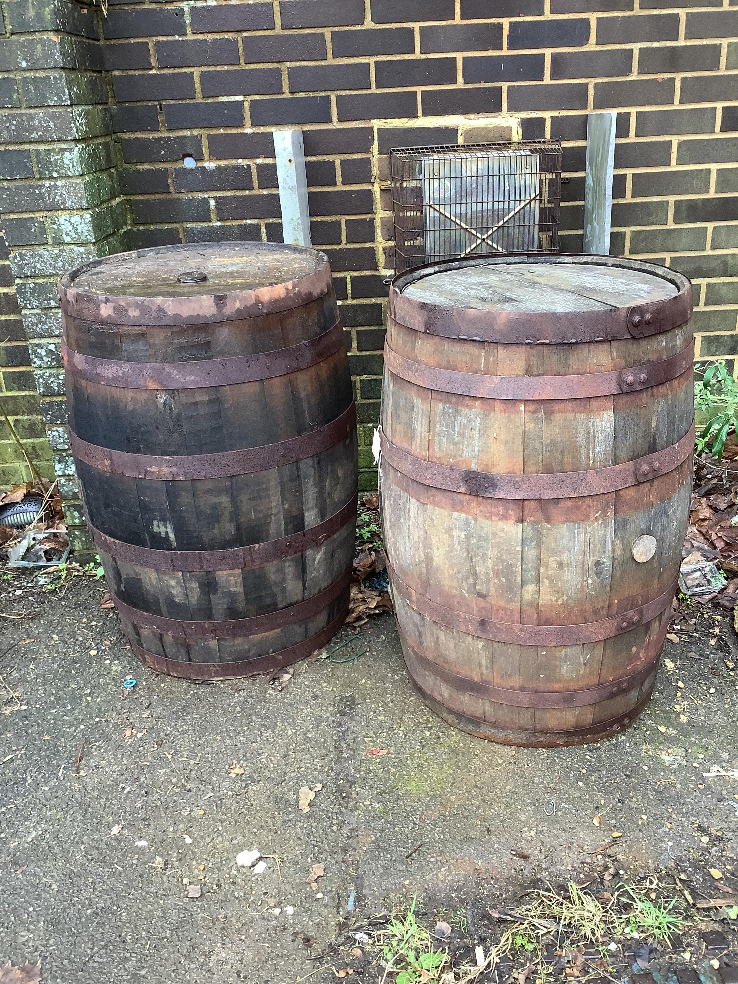 Two coopered barrels, diameter 54cm, height 89cm                                                                                                                                                                            