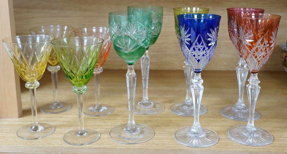 Ten cut glass colour flashed wine glasses, tallest 21.5cm. Condition - good                                                                                                                                                 