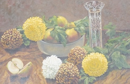 Nina Timbrell (20th. C), oil on canvas, Still life of fruit and flowers, signed, 30 x 45cm. Condition - good                                                                                                                