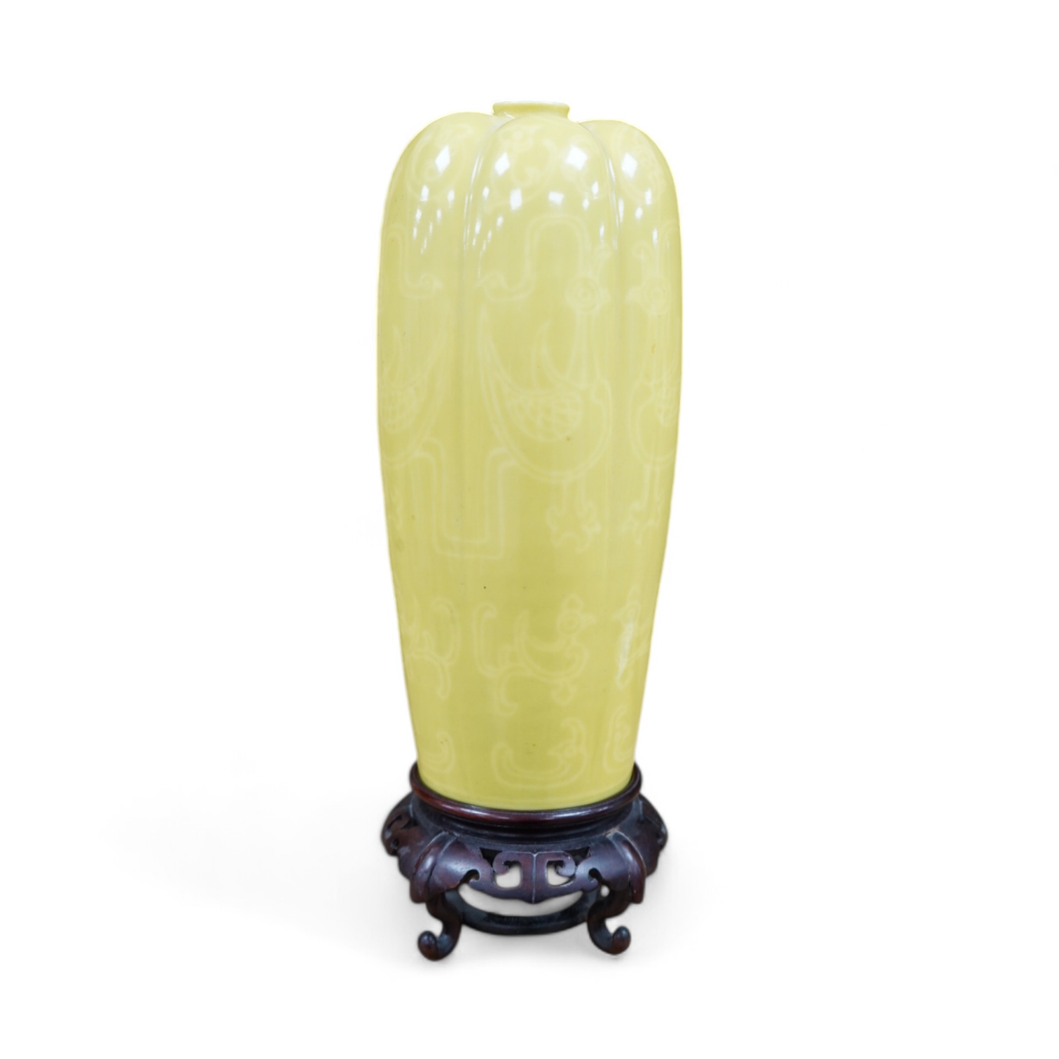 A Makuzu Kozan yellow ground vase, early 20th century, drilled hole to the base, raised on hardwood stand, 29cm high overall. Condition - fair                                                                              