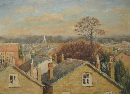 P. Strutt, oil on board, Rooftops, signed, 33 x 47cm. Condition - fair to good                                                                                                                                              