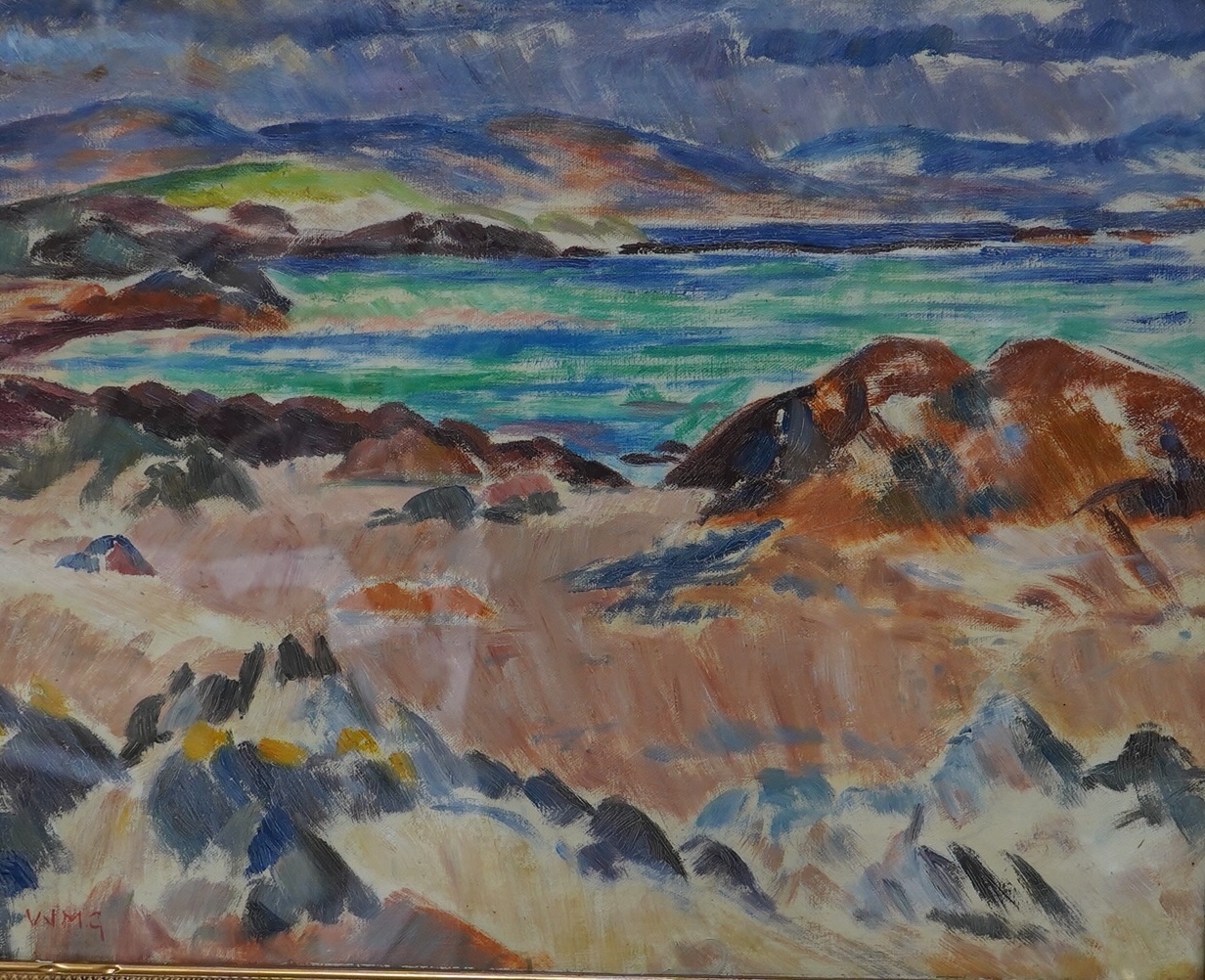 A decorative oil on board, Scottish colourist style, Coastal view, 40 x 50cm. Condition - good                                                                                                                              