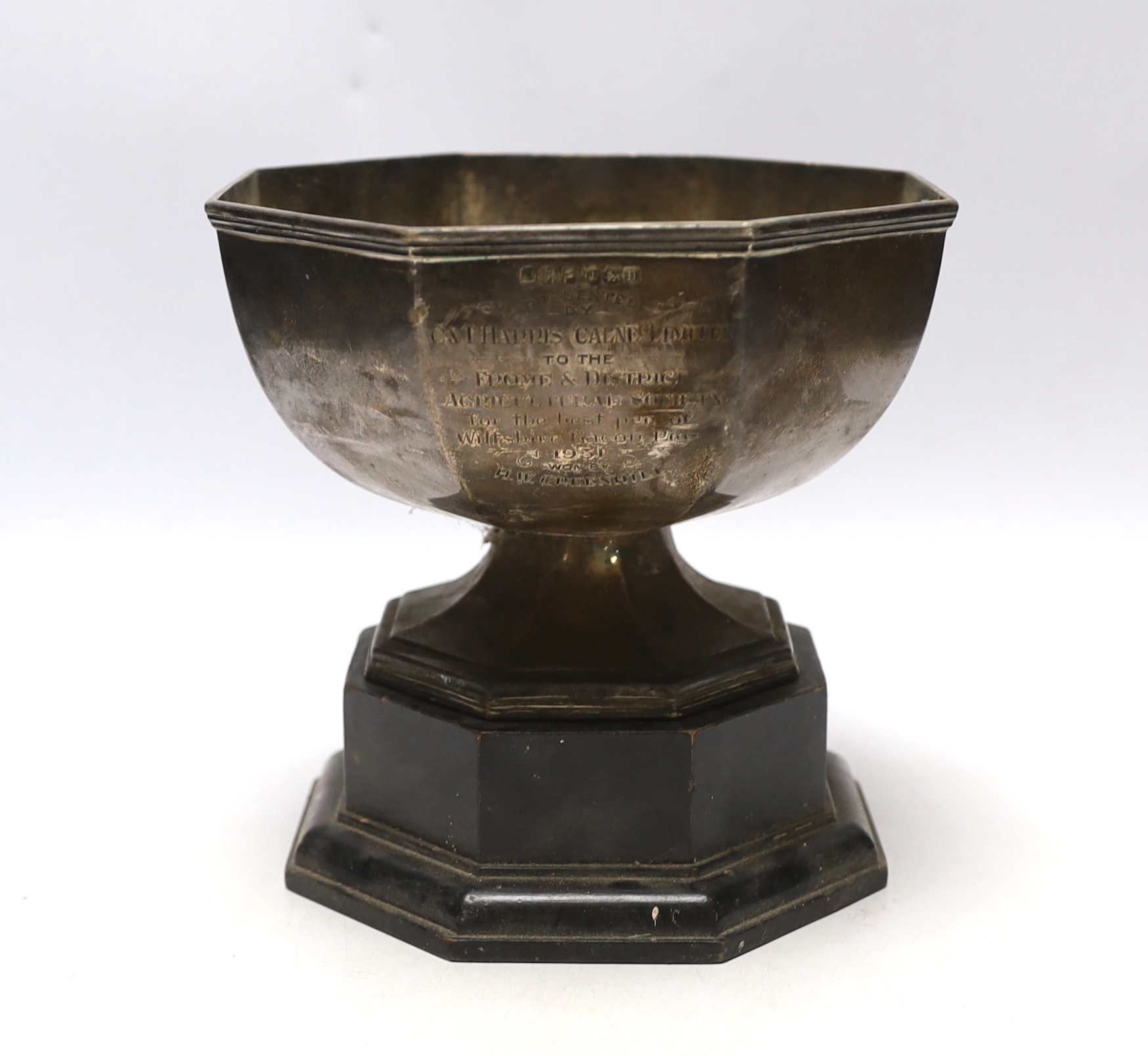 A George V silver octagonal presentation trophy bowl, John Henry Potter, Sheffield, 1930, diameter 18.2cm, 17oz, on an ebonised plinth base.                                                                                