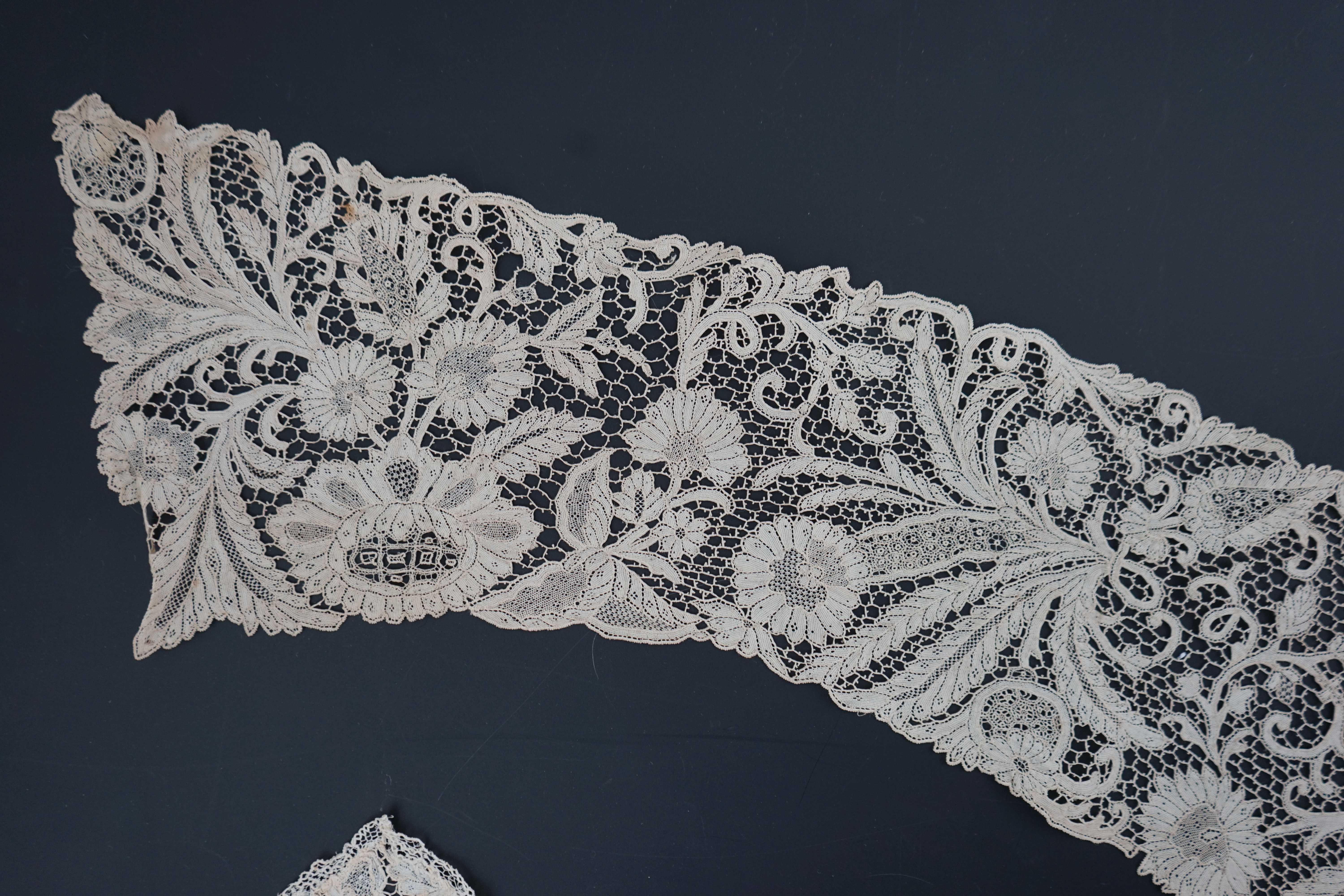 A fine mid 18th century Point de France needle lace flounce collar, together with a later similar mid 19th century Irish Youghal needle point lace collar. Youghal made to reproduce the fine picots and fillings of 18th ce