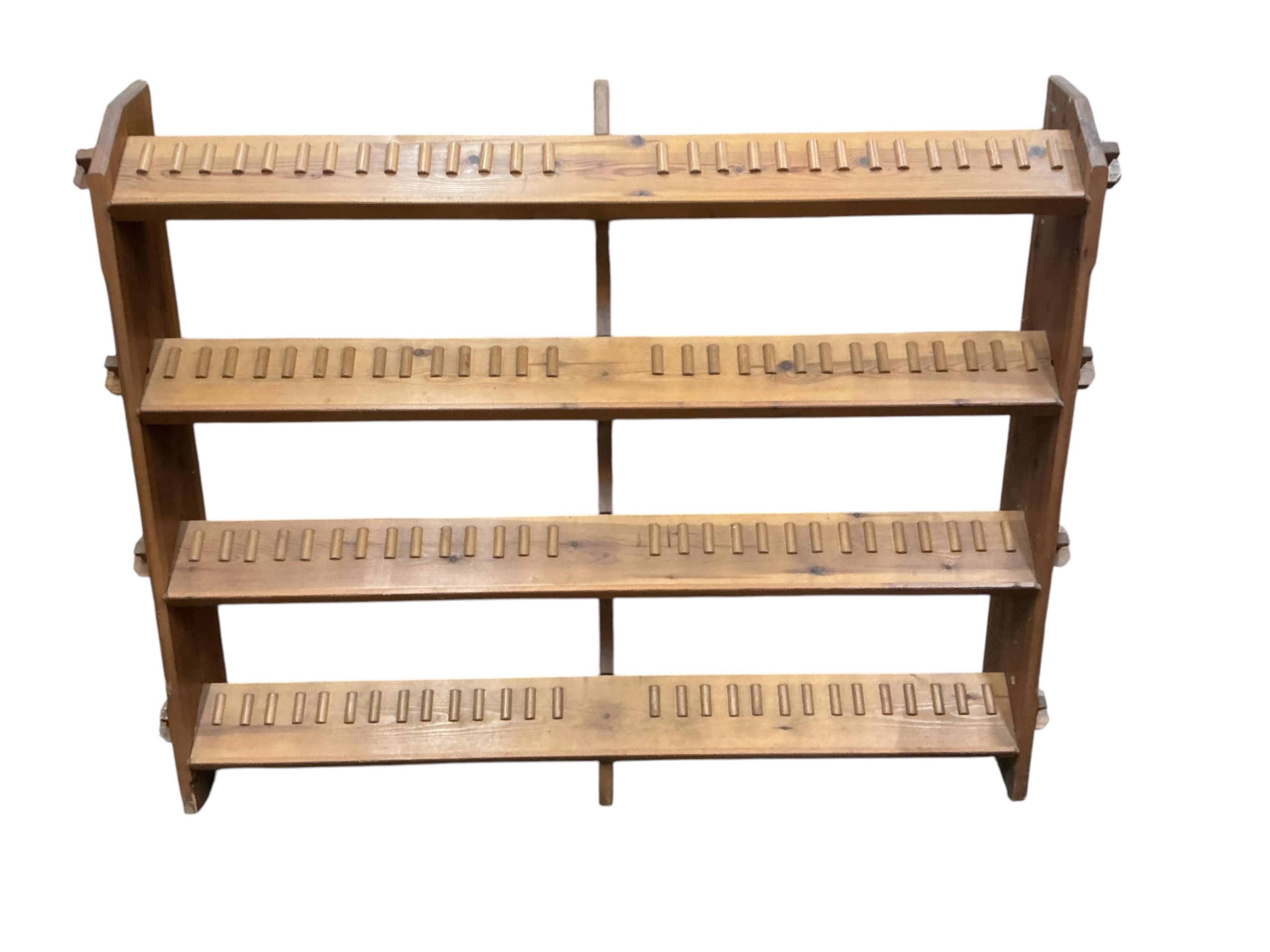 Two wooden wall mounted racks, larger rack width 166cm, depth 24cm ...