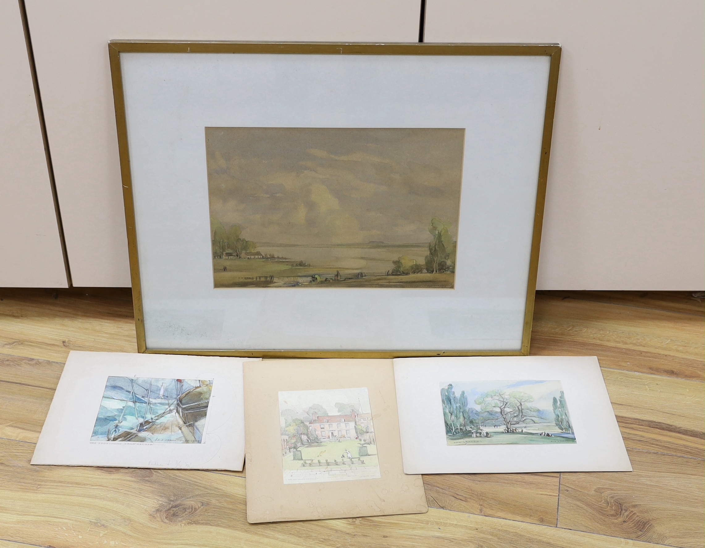 John James Joass (1868-1952), four watercolours, 'The Grove, Highgate', 'The Eddystone from Macnab', 'Kew Gardens', and a coastal landscape, signed and dated from 1917 - 1932, largest 24 x 34cm, three unframed.          