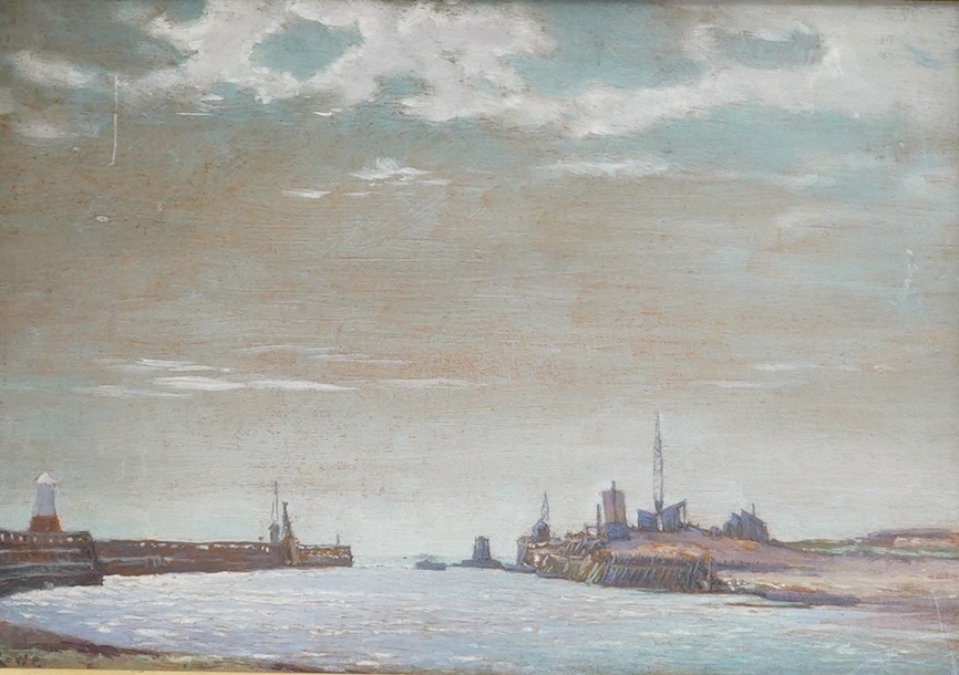 W.B.Rowe (Brighton, 20th. C), oil on board, Shoreham harbour entrance, signed, circa 1920, 24 x 34cm, gilt framed. Condition - good                                                                                         