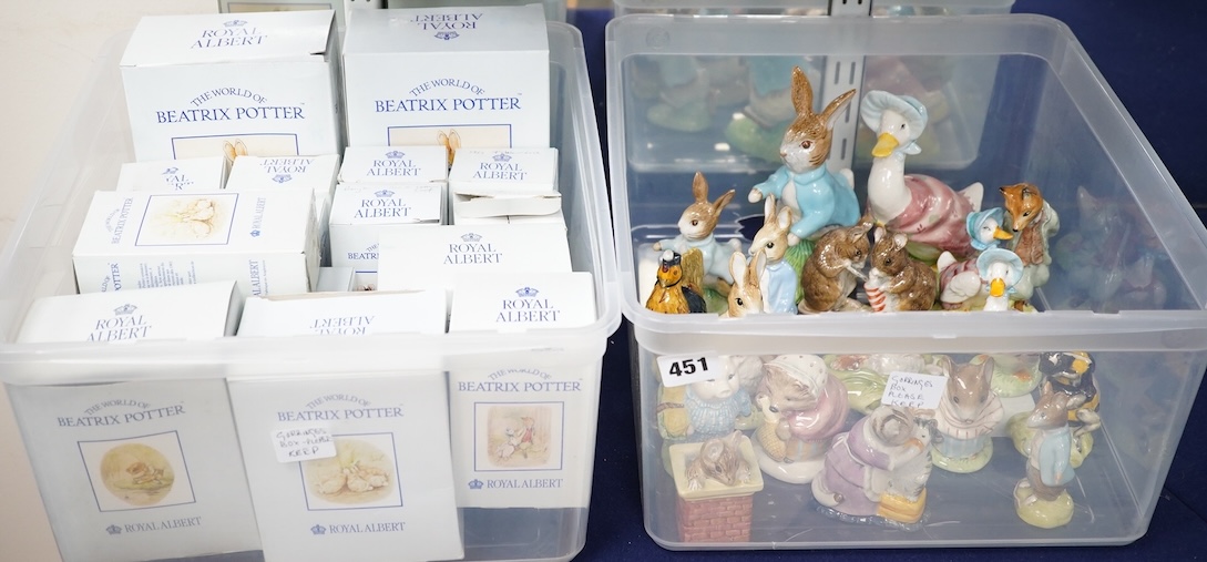 Seventeen boxed Royal Albert Beatrix Potter characters including 1993 The Christmas Stocking, Babbitt Bumble, Tabitha Twitchett and Miss Moppet, tallest 18cm. Condition - characters good, boxes poor to fair              