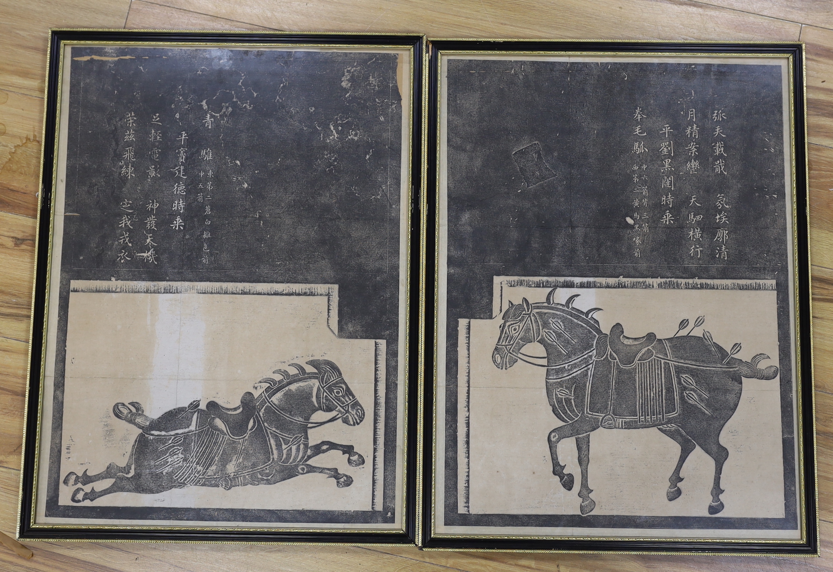 Chinese School, pair of charcoal rubbings, Taizong horses, 62 x 45cm                                                                                                                                                        