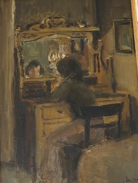 Edward Dawson (b.1941), oil on board, 'Girl at the mirror', signed and dated 1973, 24 x 16cm. Condition - good                                                                                                              