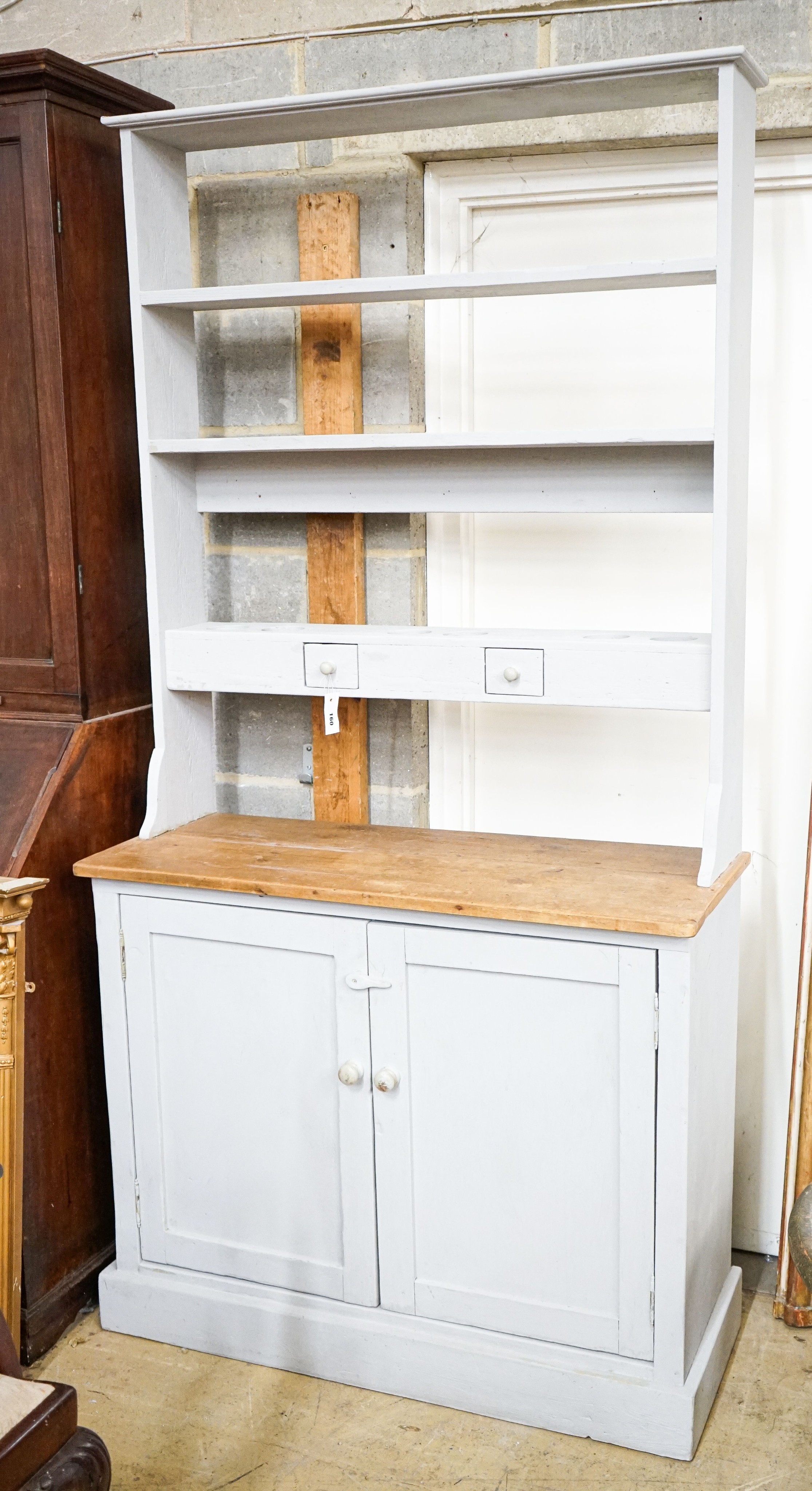 A Victorian and later part painted pine dresser, length 106cm, depth 41cm, height 110cm                                                                                                                                     