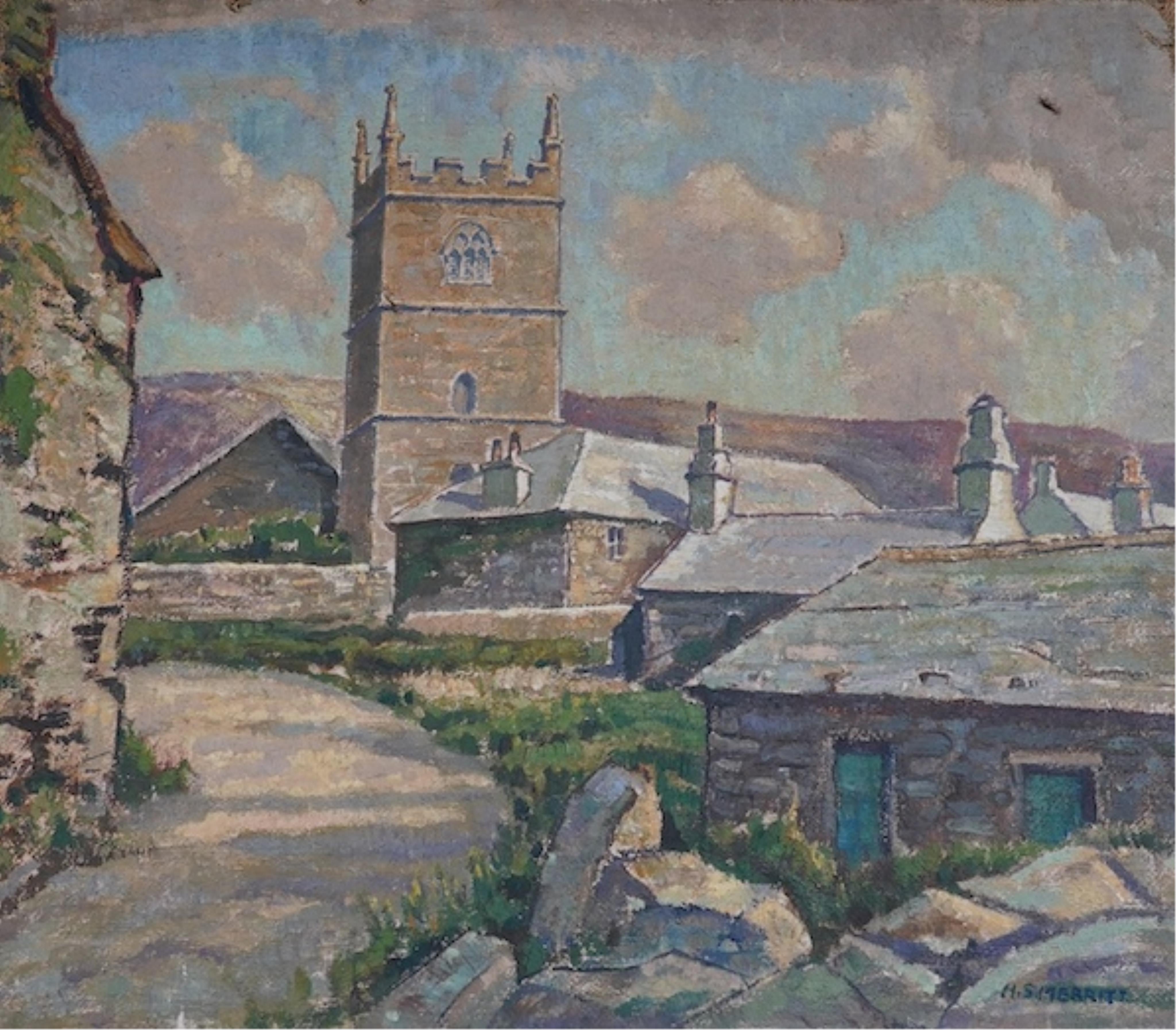 H. S. Merritt, oil on canvas, church scene, 35.5 x 41cm. Condition - poor to fair                                                                                                                                           