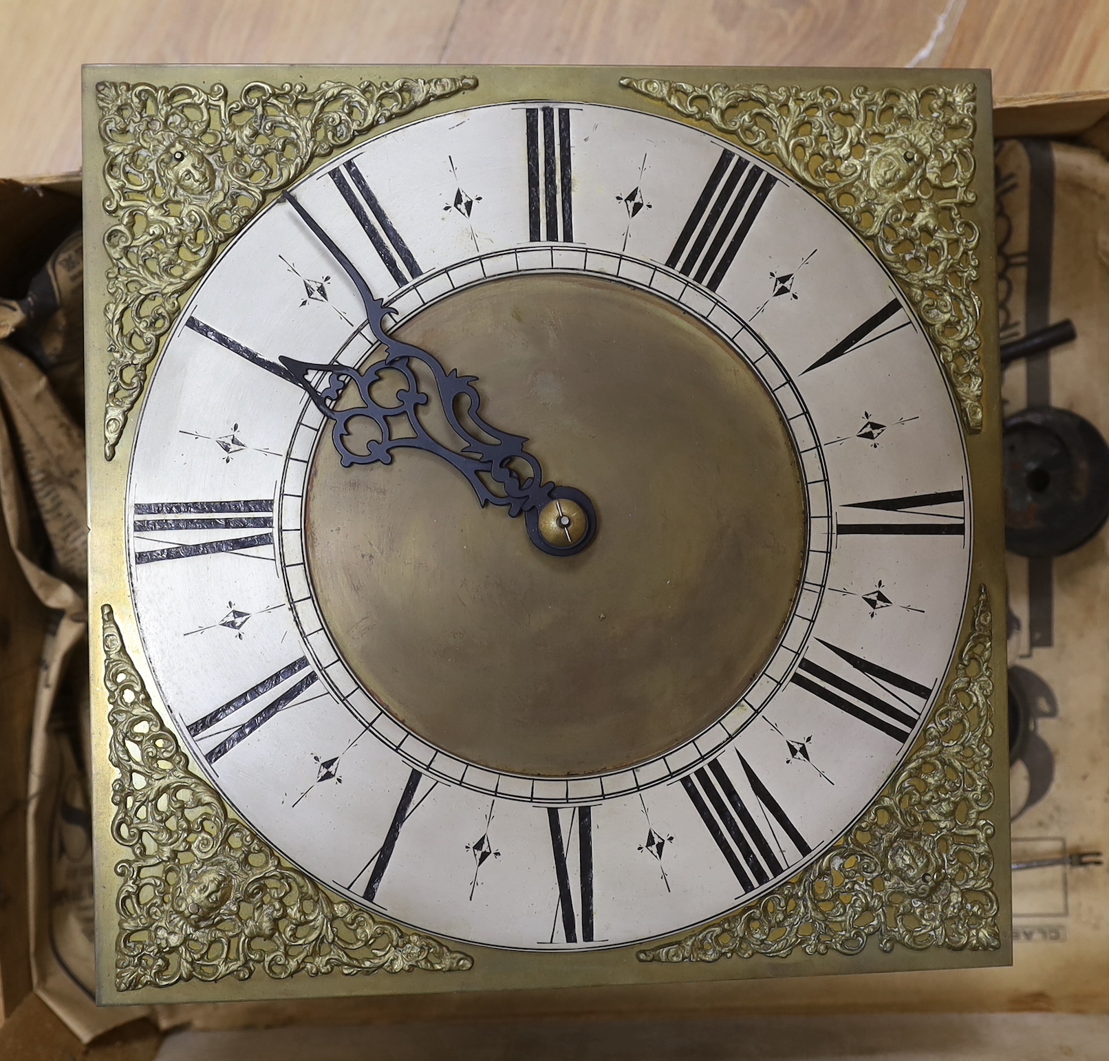 A brass face and birdcage movement from a late 18th century thirty hour clock - a.f.                                                                                                                                        