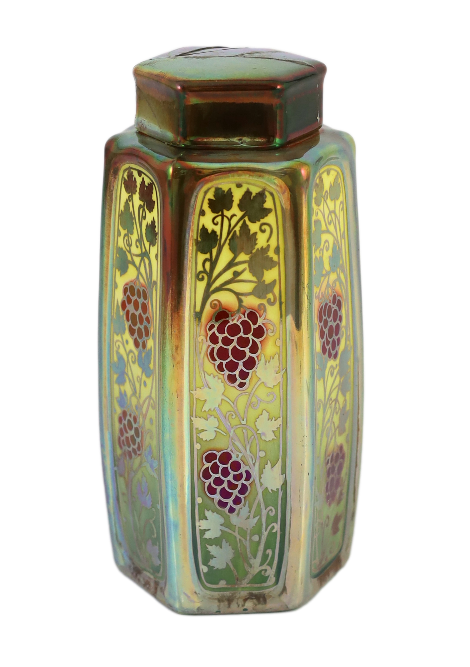 A Pilkingtons Royal Lancastrian lustre hexagonal jar and cover, by William S. Mycock                                                                                                                                        