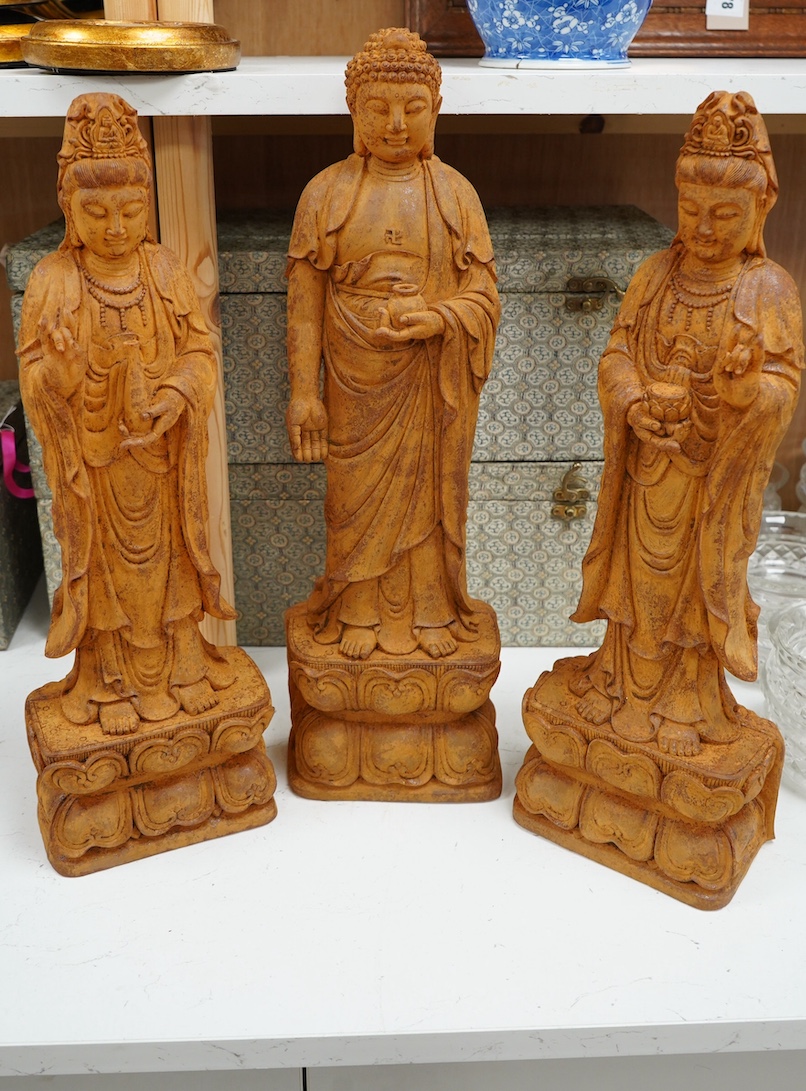 A set of three large Chinese patinated heavy glass figures of Bodhisattvas, tallest 49cm. Condition - good                                                                                                                  