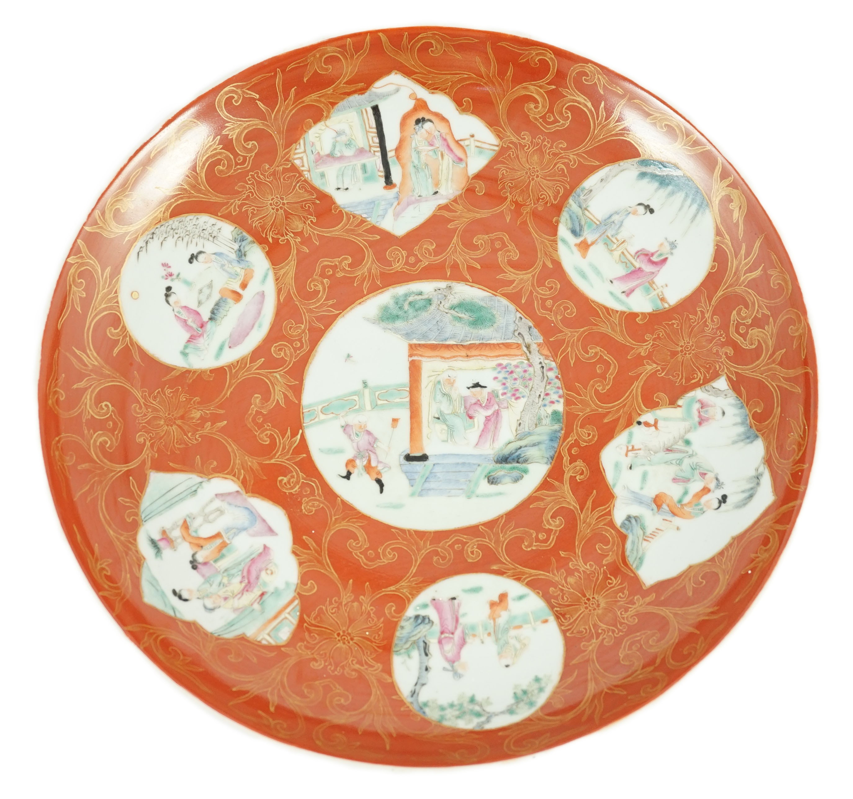 A Chinese coral ground dish, Qianlong seal mark but Republic period, 35.2cm diameter                                                                                                                                        
