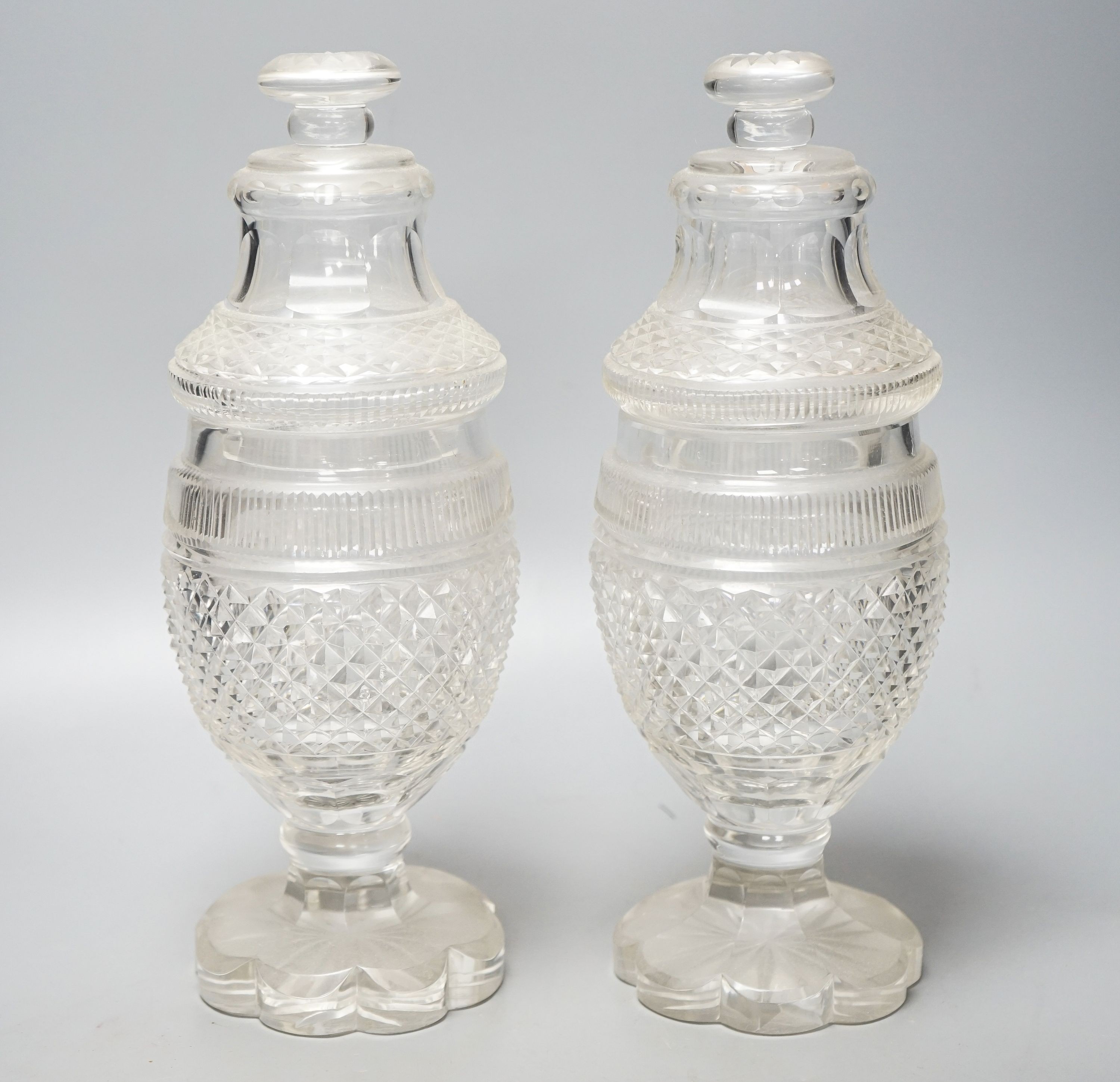 A pair of 19th century cut glass sweetmeat jars and covers, H 30cm                                                                                                                                                          