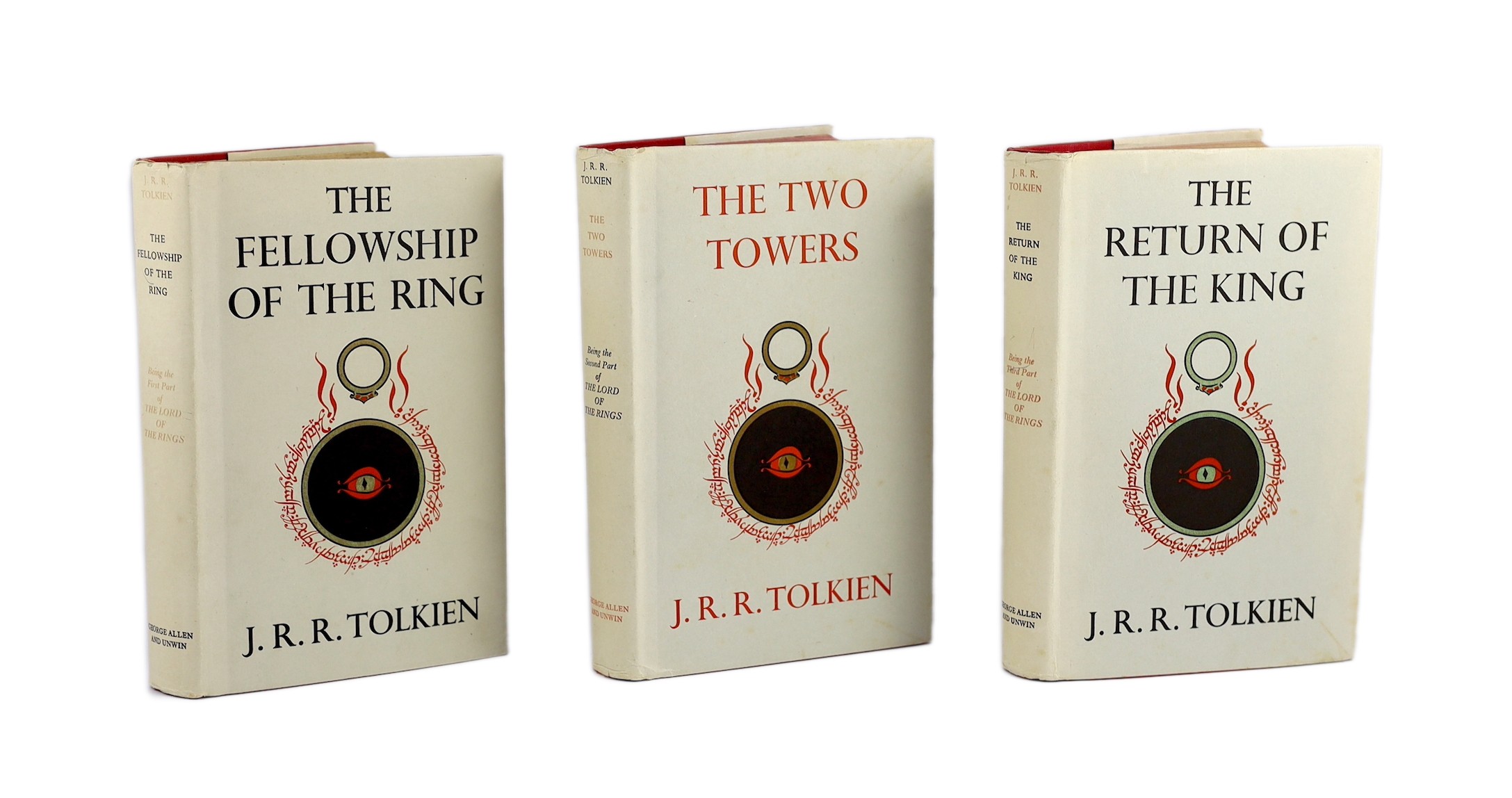 Tolkien, John Ronald Reuel - The Lord of the Rings, 1st editions, 1st impressions of Towers and Return, 2nd impression of Fellowship, 3 vols, 8vo, publisher’s dark red cloth, in unclipped pictorial d/j’s, all with tipped