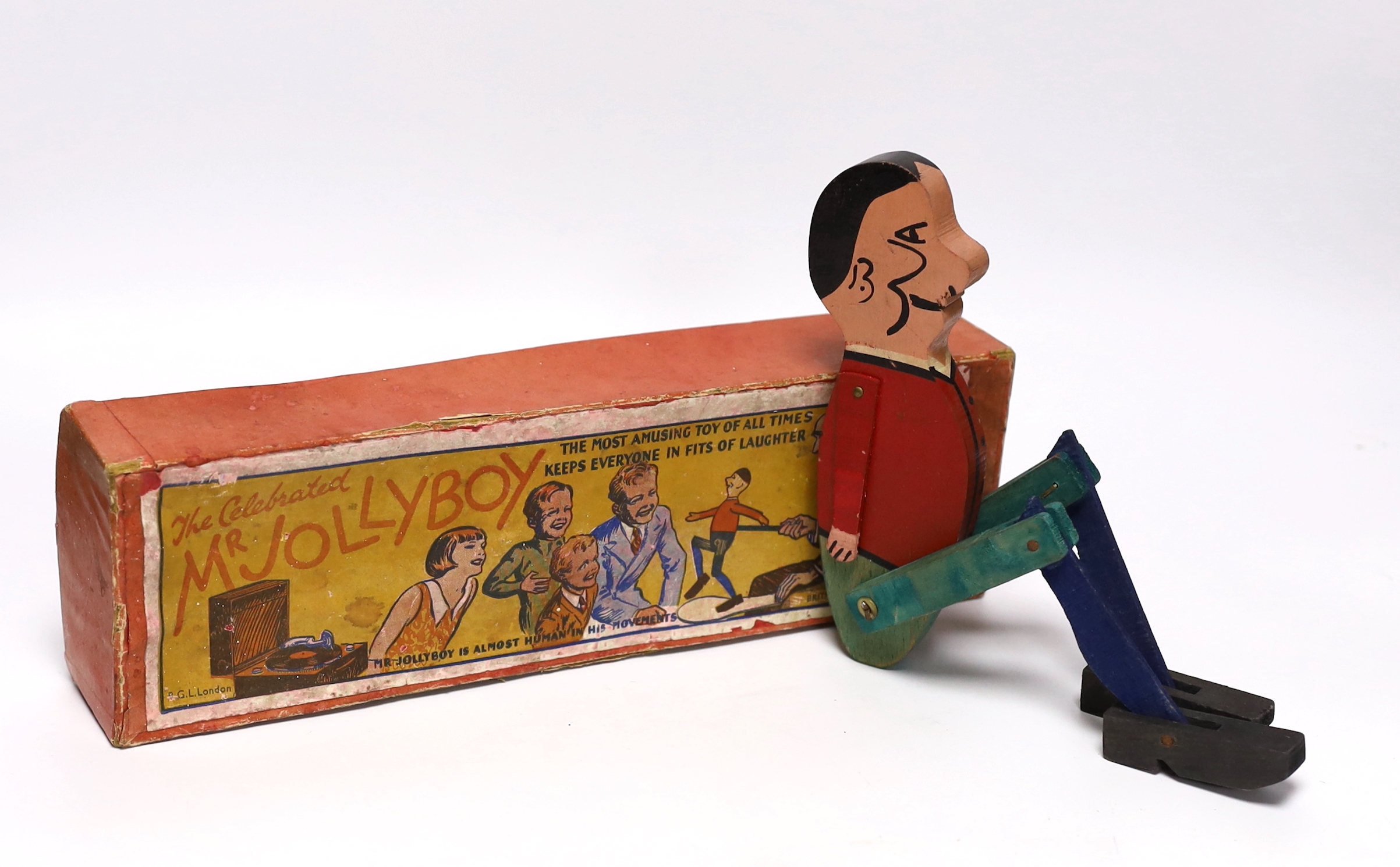 A boxed B.G.L. London ‘The Celebrated Mr Jollyboy’ animated toy puppet, 30cm                                                                                                                                                