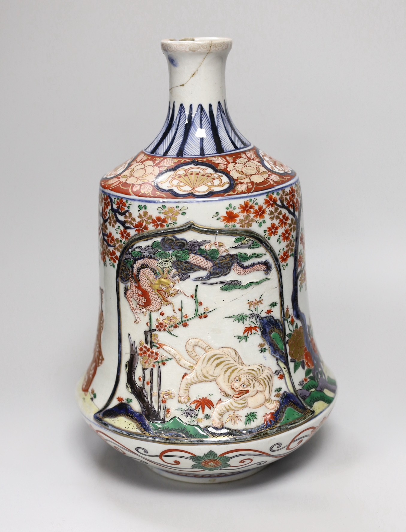 A large Japanese Imari style sake flask (tokkuri), 19th century, pseudo Chenghua mark, 31cm                                                                                                                                 